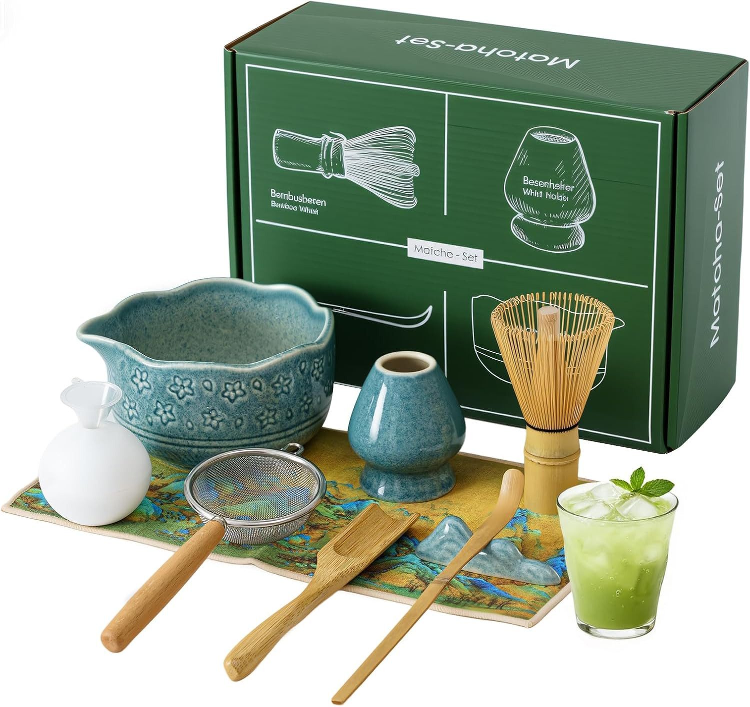 VONATES Teeservice 9tlg. Matcha Set mit Matcha-Schale, Bambus-Besener & Halter, Sieb, Löffel, Tuch, Eisform, aus Bambus und Keramik für Teezeremonie