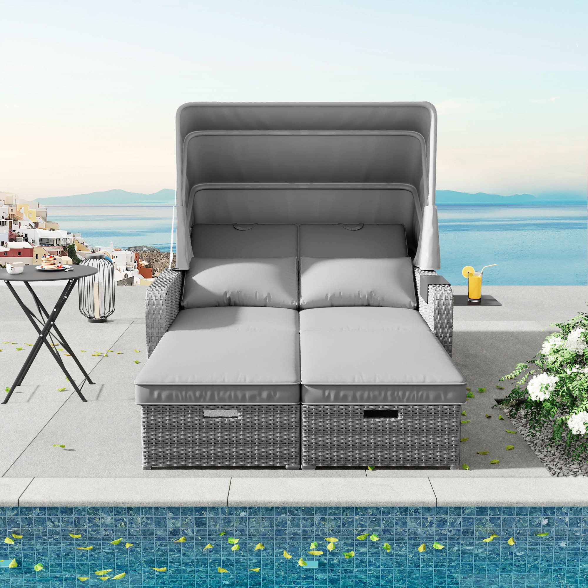 KLAM HOME Gartenlounge-Set Wetterfeste Sonnenliege aus Korbgeflecht mit verstellbarem Baldachin, (2tlg., 1*Doppel-Lounge 2*Kissen), Loungebett für Garten Terrasse Outdoor Balkon Indoor Strand Pool