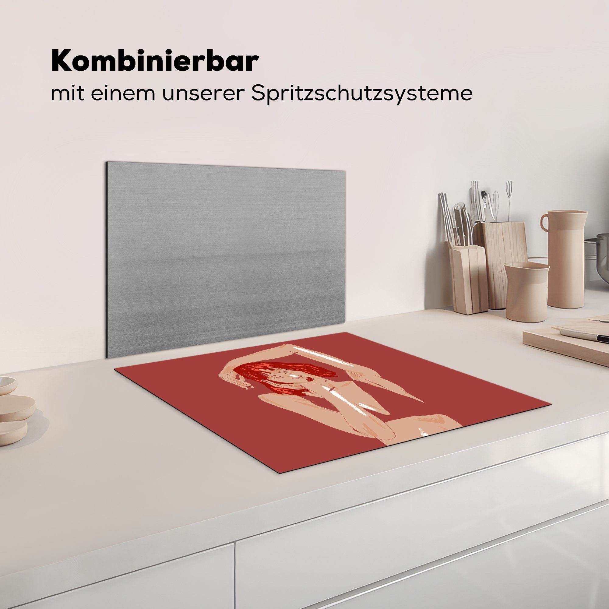 MuchoWow Herdblende-/Abdeckplatte Frau Porträt, (1 60x52 Vinyl, - Mobile - tlg), Arbeitsfläche Abstrakt - cm, nutzbar, Ceranfeldabdeckung Rot