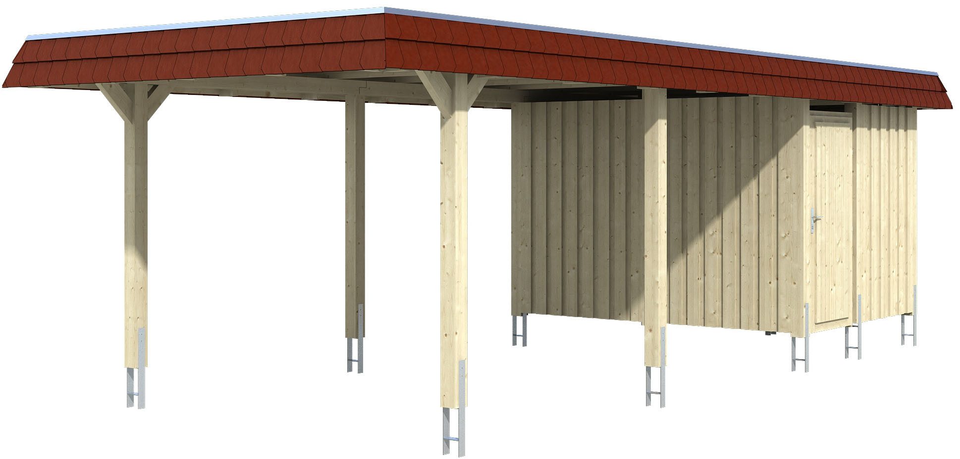 Skanholz Einzelcarport Wendland, BxT: 362x870 cm, 206 cm Einfahrtshöhe, mit Abstellraum mit Aluminiumdach, rote Blende