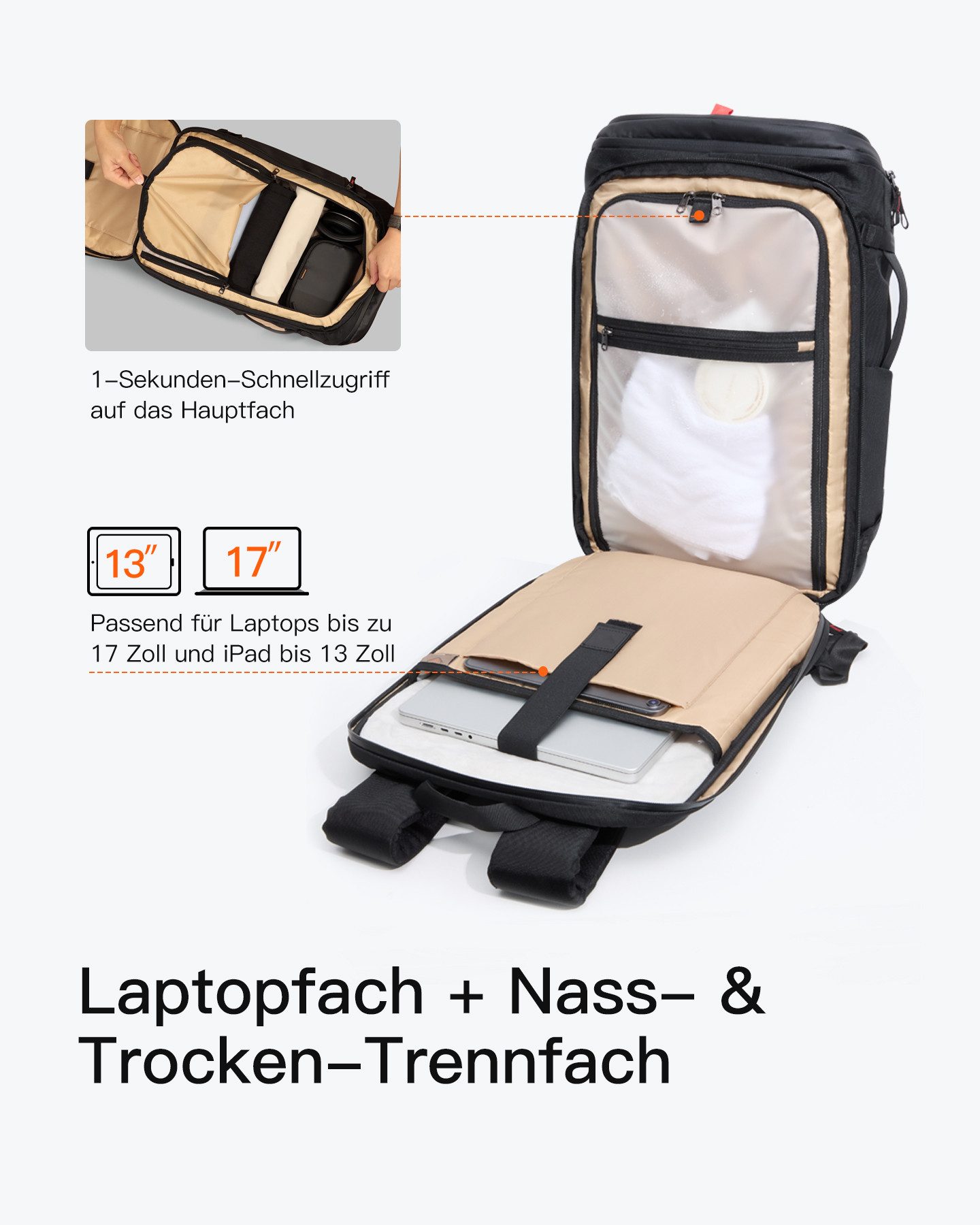 Inateck Laptoprucksack Handgepäck Rucksack 40L, Groß Reiserucksack für 17 Zoll Laptop, TSA Freundlich, Spritzwassergeschützt