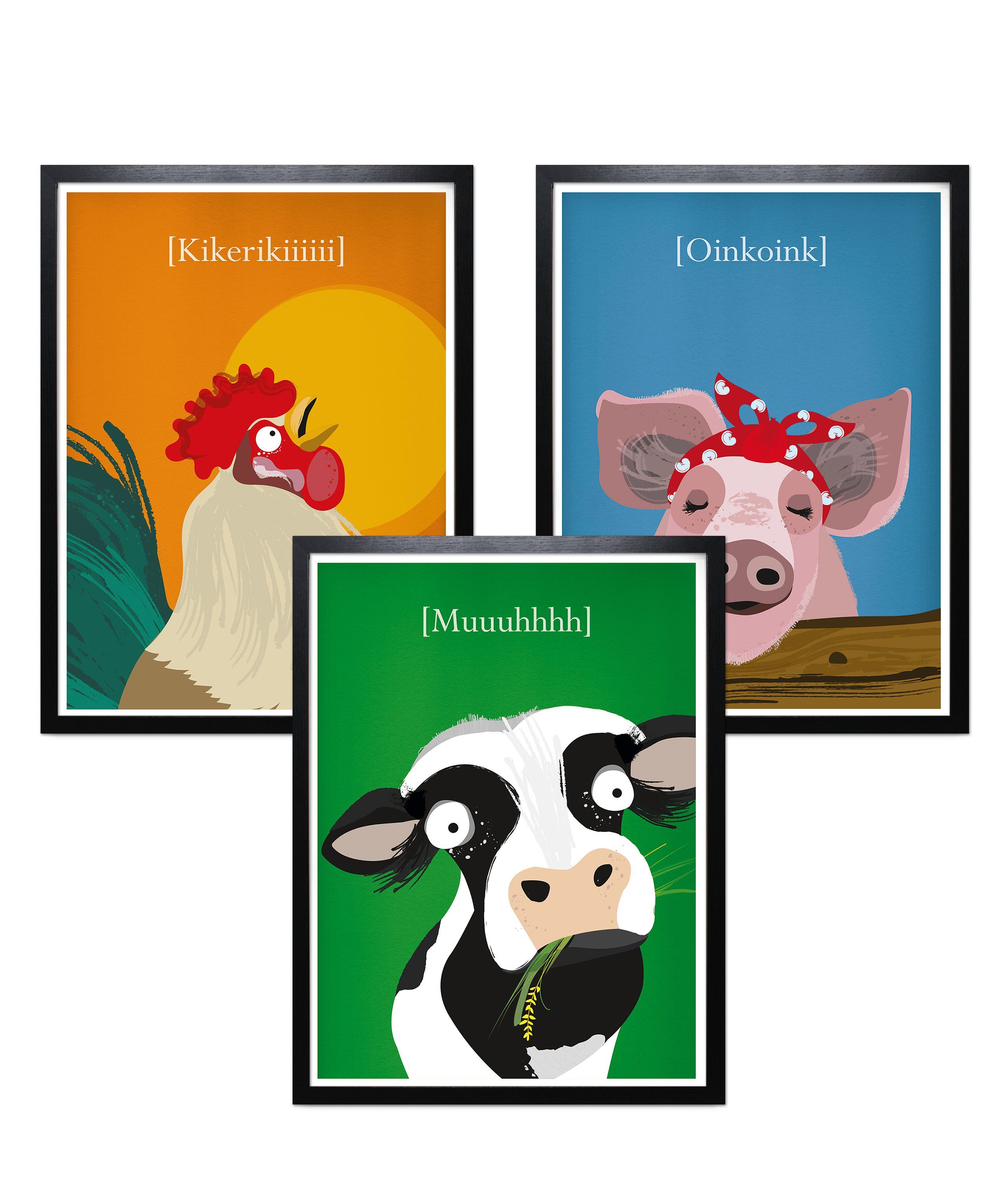 Close Up Poster Kinderzimmer Poster Bauernhof 3er-Set gerahmt schwarz