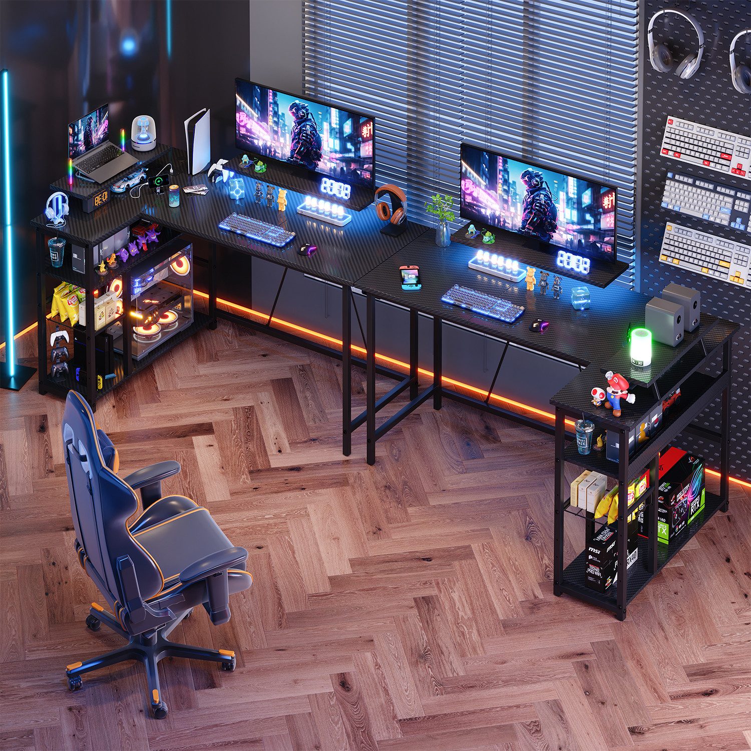 HOMALL Gamingtisch L-förmiger Computertisch mit Steckdosen, USB-Anschlüssen und Stauraum (120/140 × 50 × 75/80 cm großer Gaming-Tisch mit zwei Ablageflächen, einer abnehmbaren Trennwand zum Selberbauen und Kopfhörer-/Becherhaltern)