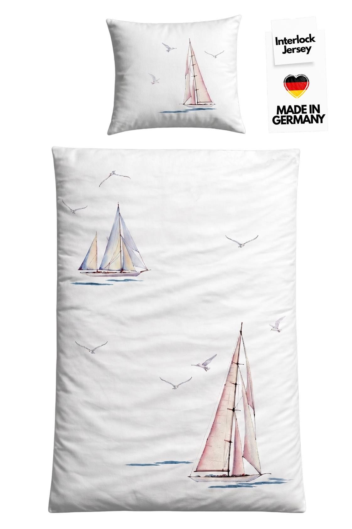 Carpe Sonno Bettwäsche Jersey 135 x 200 155 x 220 Maritim Baumwoll Bettwäsche MADE IN GERMANY, Mako-Interlock-Jersey, 2 teilig, Maritime Interlock Jersey - Bettbezug 155x220 Segelboot