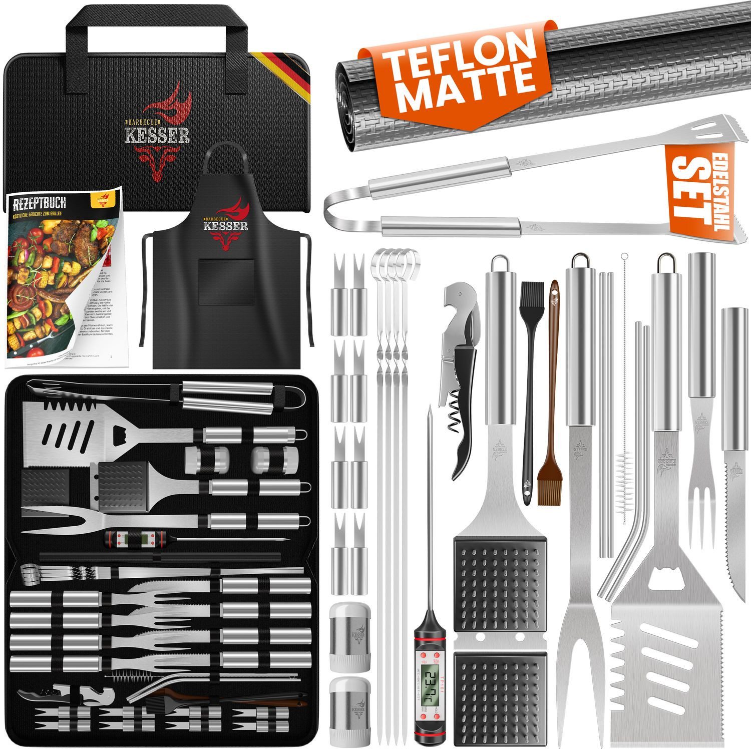 KESSER Grillbesteck-Set, (37-teilig Grillzubehör, 37 tlg), BBQ Profi Grillset aus rostfreiem Edelstahl mit Tasche & Thermometer