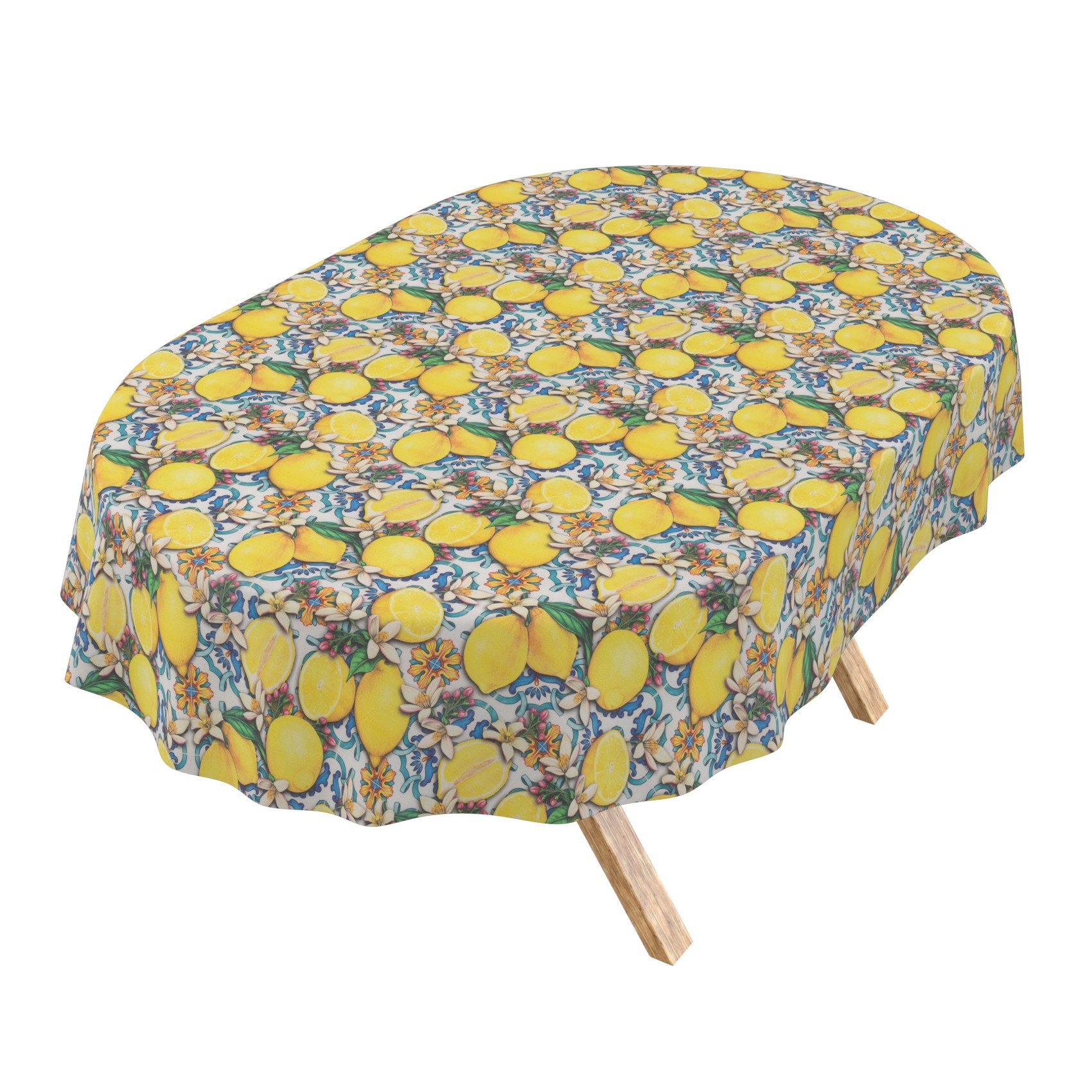 ANRO Tischdecke Wachstuchtischdecke 3.0 abwischbar Zitrone Spanien Gartentischdecke (Einzelstück 1-tlg), wasserabweisend PU-Beschichtet Azulejos Gelb Oval 160x140cm
