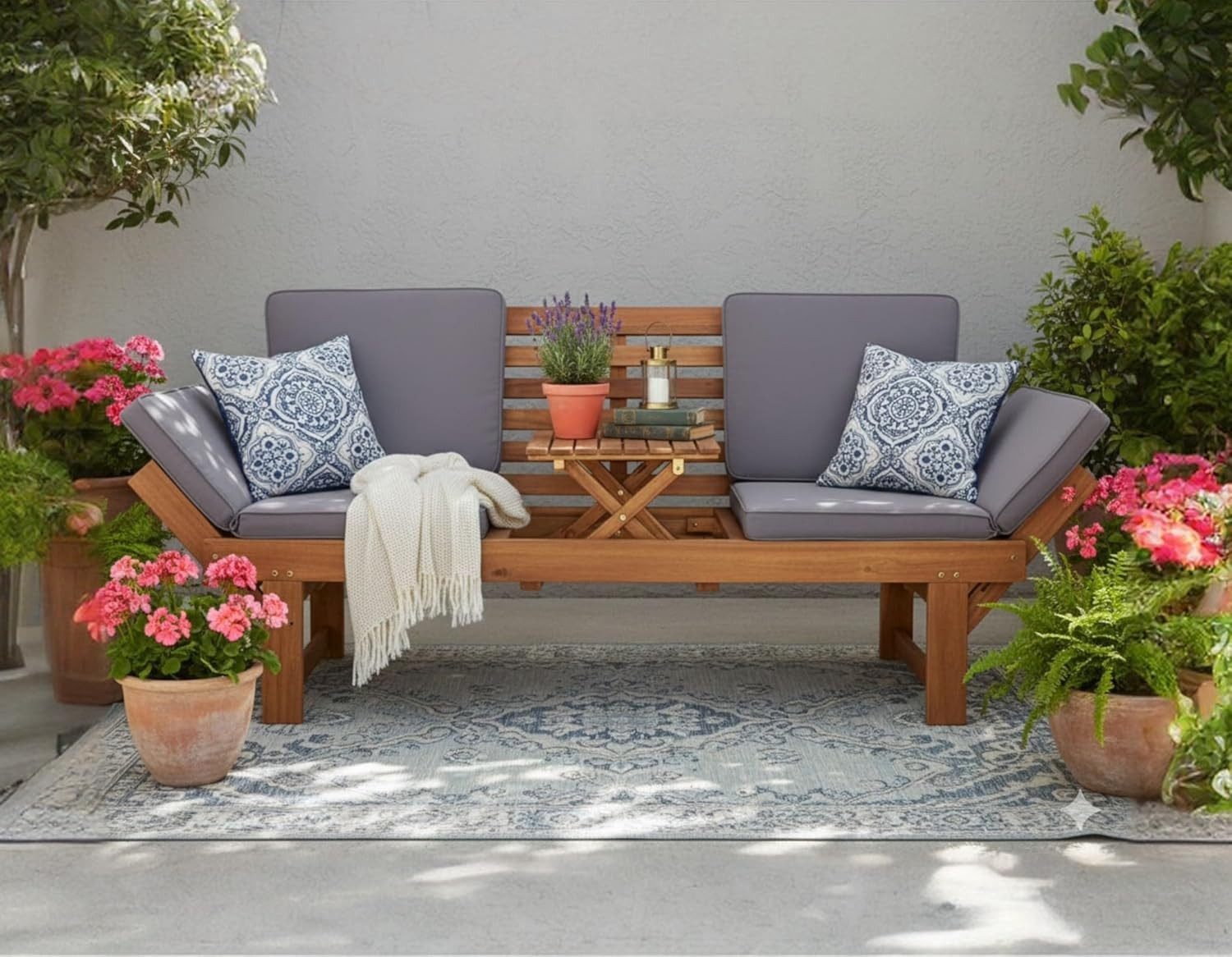 Wohnando Sitzbank Gartenbank "Monte" 202x 67x87cm (BxTxH), massives Akazienholz, FSC (1-St), braun, graue Sitzauflage, ausklappbarer Tisch, umklappbare Seitenteile