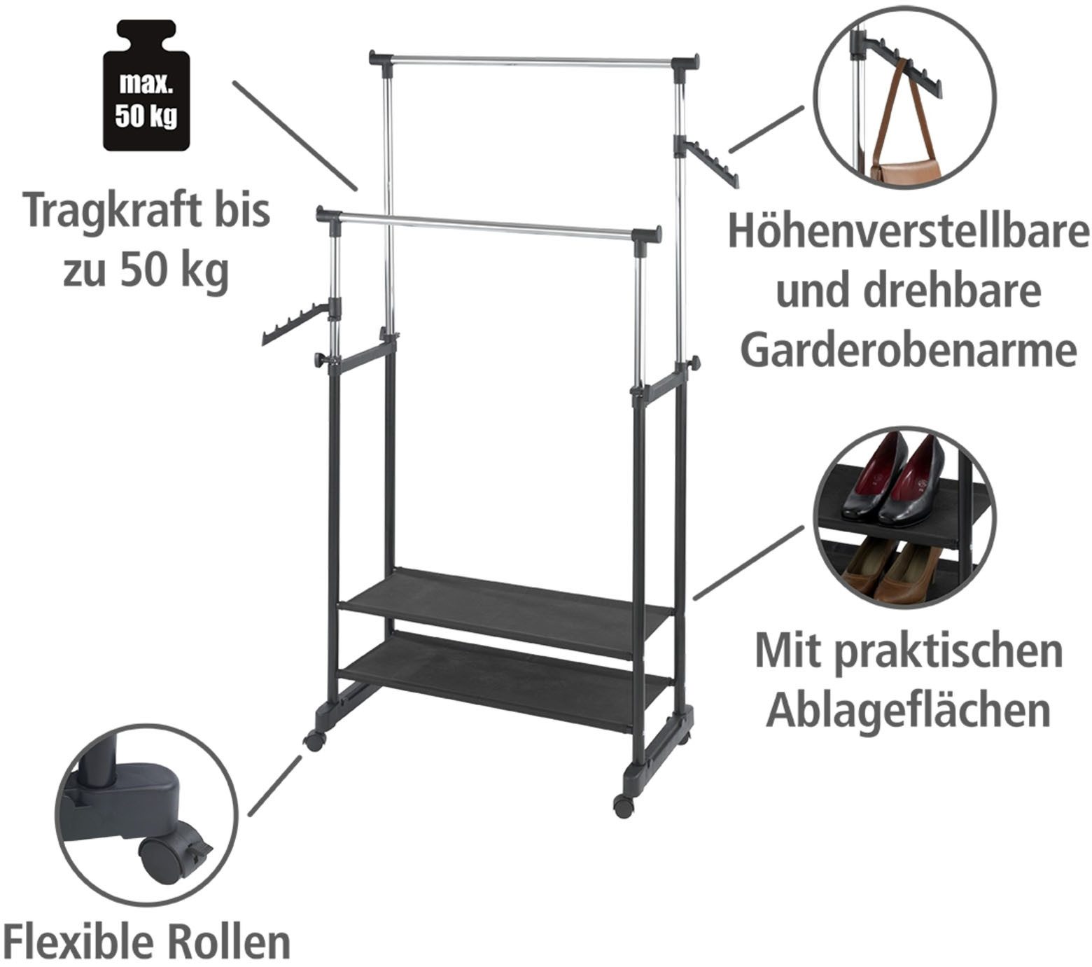 WENKO Kleiderständer Modell All Inn, Garderobenständer mit 2 Ablagen und 2 Kleiderstangen, höhenverstellbar