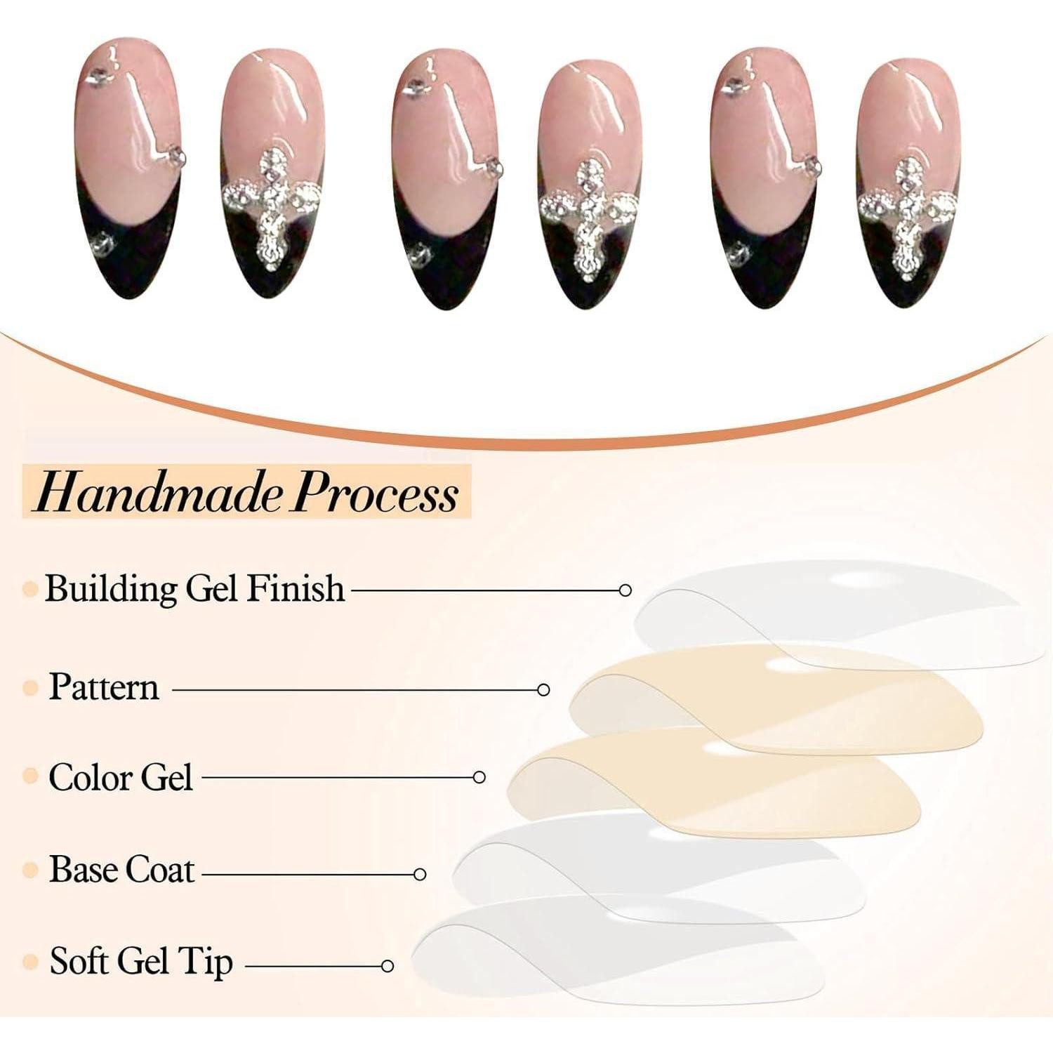 LuxusKollektion Kunstfingernägel 24er Set Mandelkreuz Design 3D Schwarz Press On Nails French Tip Acryl – Bild 5 von 5