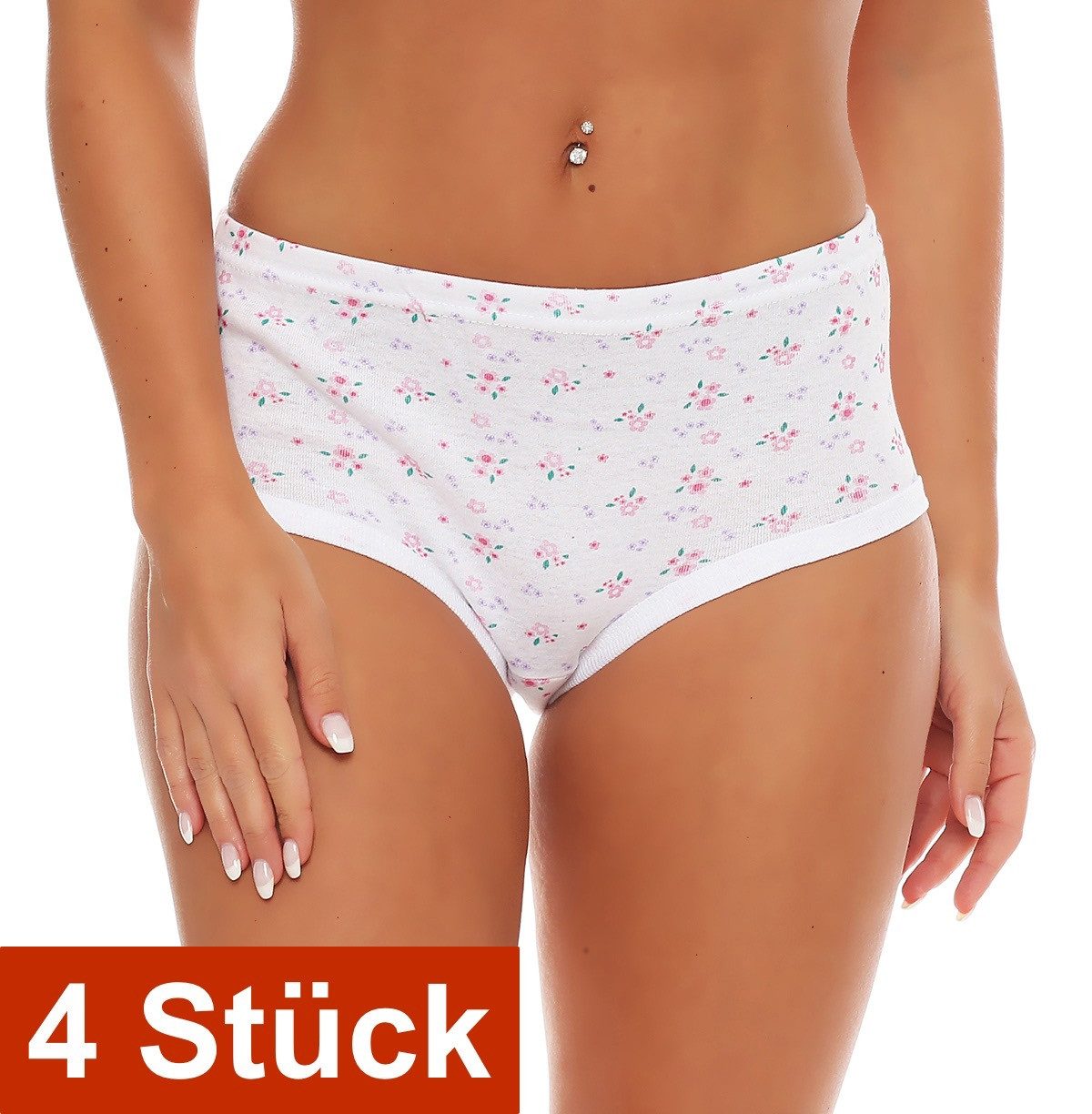 Taillenslip Damen Baumwoll-Schlüpfer weiss Blümchen Slip hoch geschnitten 100% Bw