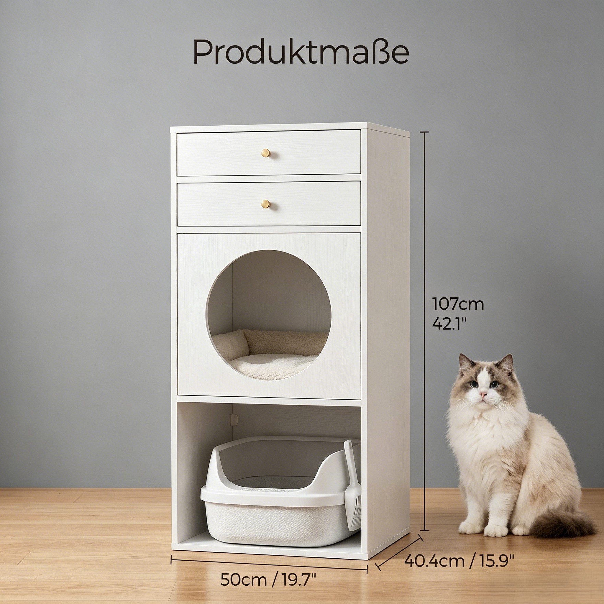 HOMSEE Tierhaus 3-in-1 Katzenschrank mit Katzenhöhle & Katzentoilettenplatz, Platzsparender Vertikalschrank mit 2 Schubladen, 50 x 40,4 x 107 cm