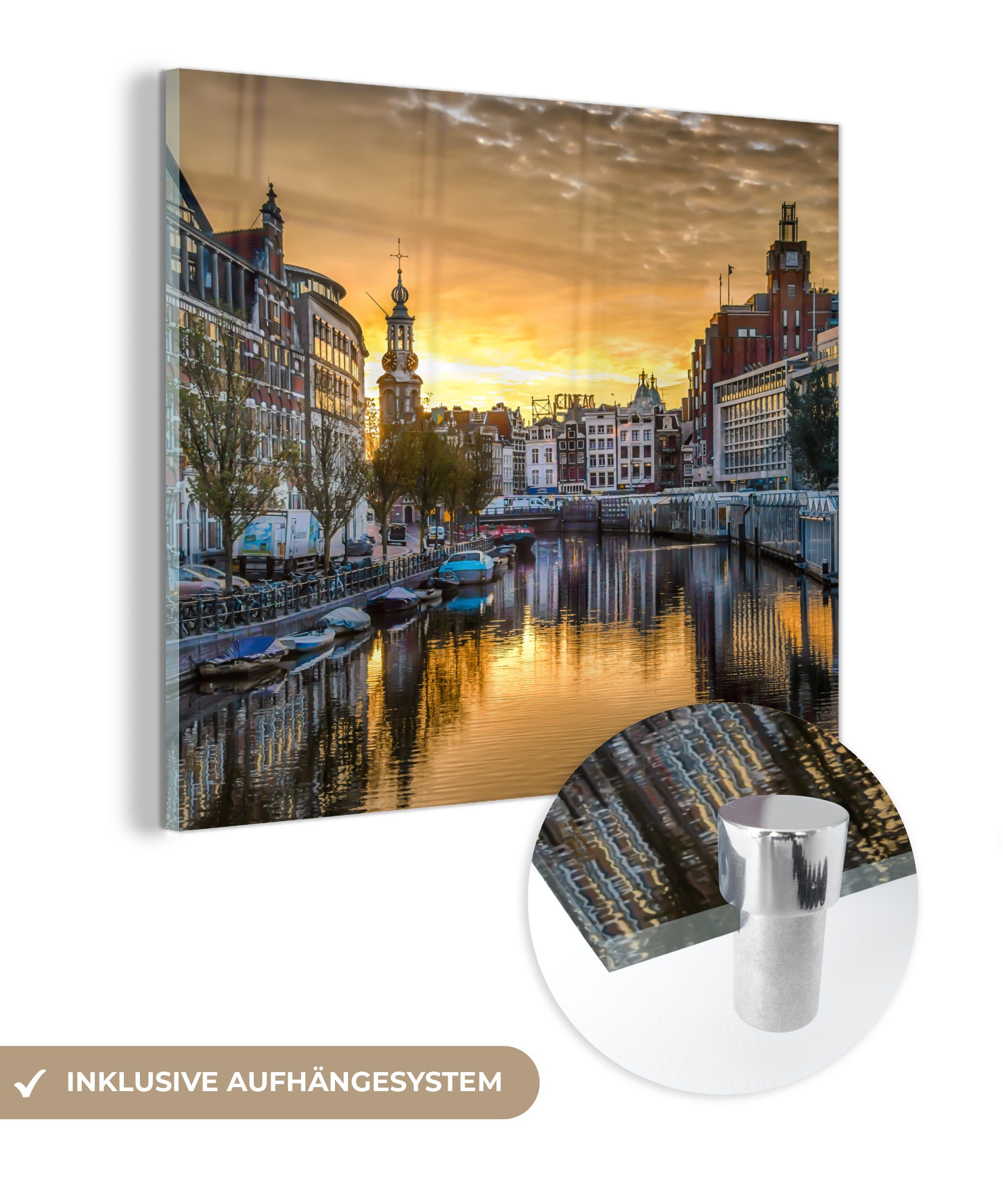 MuchoWow - Amsterdam, über auf Acrylglasbild St), Sonnenuntergang Wandbild auf in Foto - Glas Glasbilder - (1 Wanddekoration den Munttoren Bilder Glas