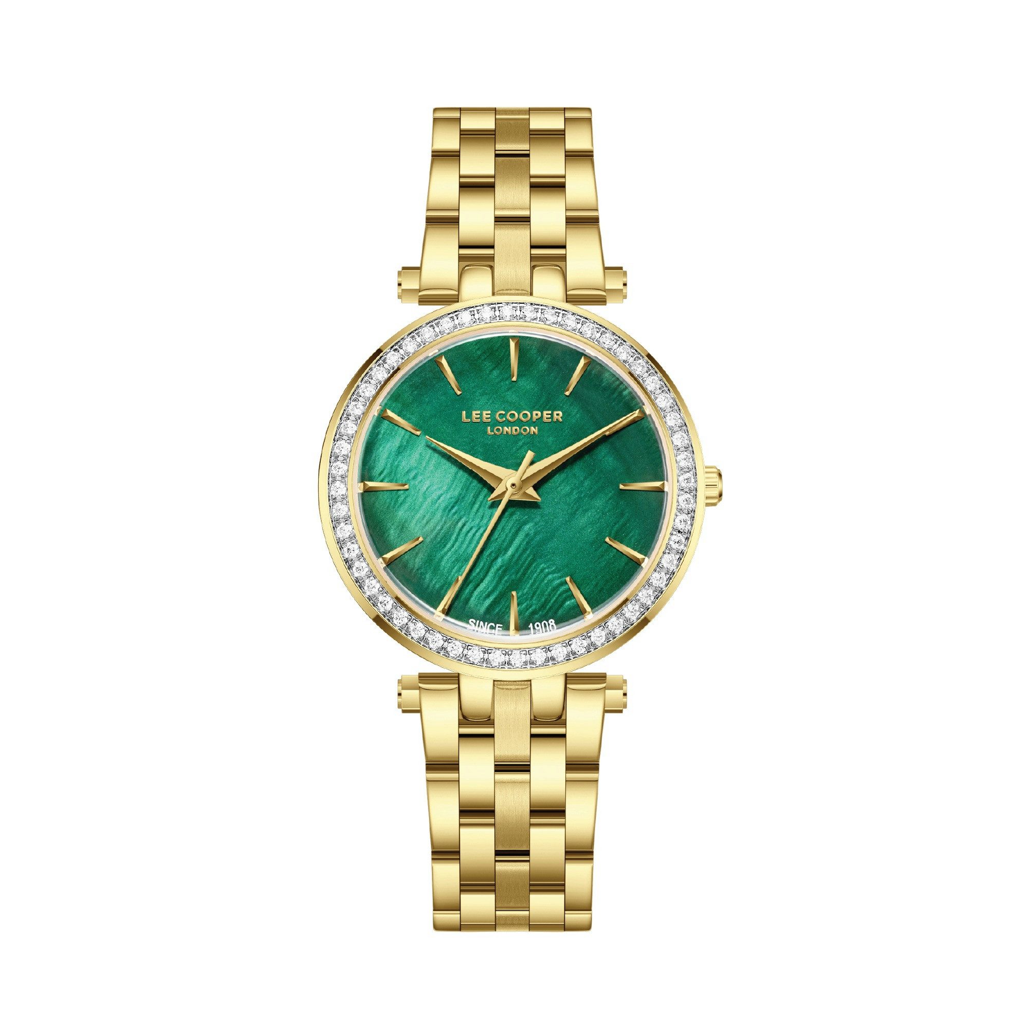 Lee Cooper Quarzuhr Damenuhr mit Metallarmband, 32 mm, Damen Armbanduhr dunkelgrünes Zifferblatt, gold – LC08158.170, Mineralglas, 3 ATM, inkl. Geschenkbox