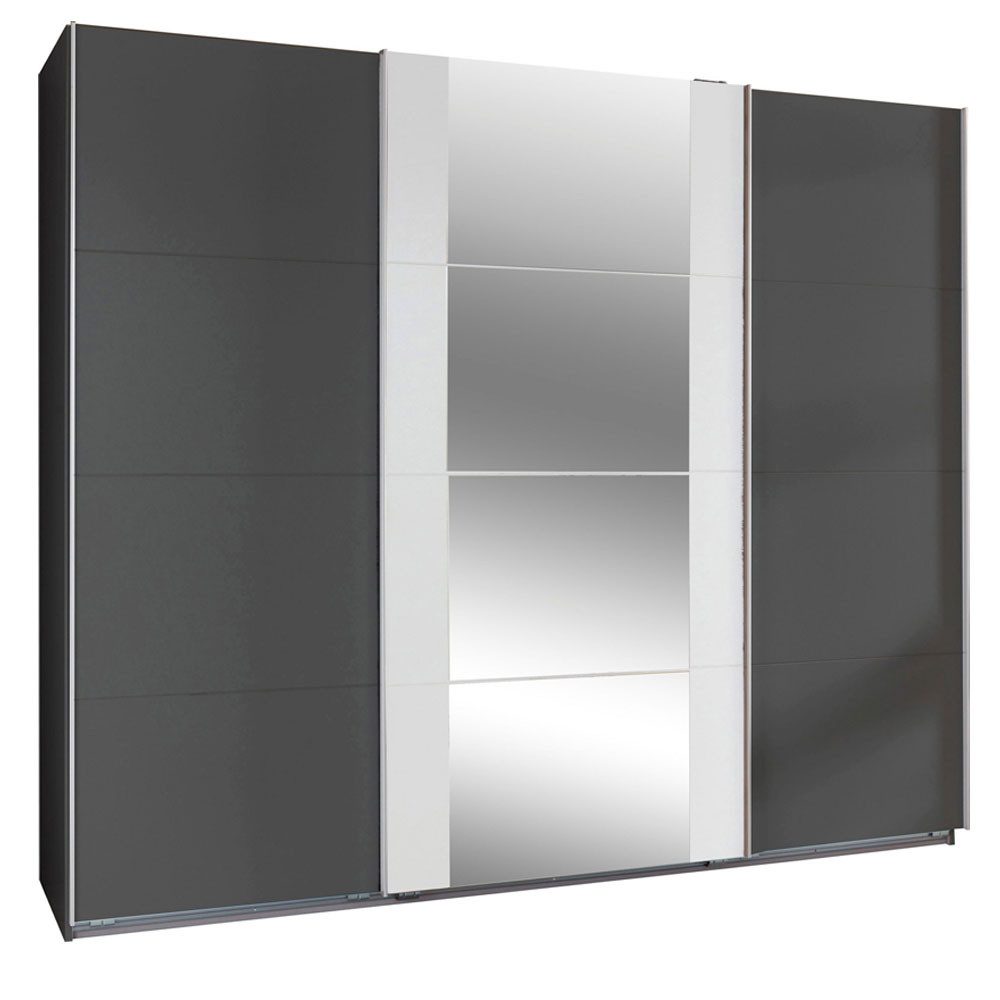 Wimex Schwebetürenschrank Bern (3 Türen, Einlegeböden, Kleiderstangen, Spiegel, 1-St., moderne Optik, Metallgriffleisten, mit Spiegel) 270x64x210cm graphit / weiß mit Spiegel