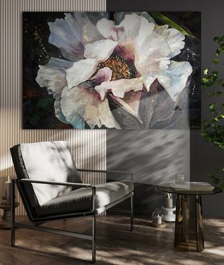YS-Art Gemälde Pfingstrosen II, Blumen, Goldene Pfingstrose Blumen Leinwand Bild Handgemalt Schwarz