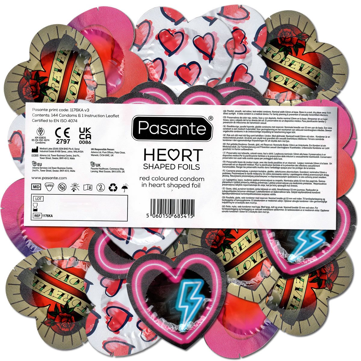 Pasante Kondome Hearts (romantische Kondome für Verliebte) Packung mit, 144 St., rote Kondome in Herz-Folien, Vorratspackung, ideal für Jahrestage, als Geschenk für Männer und Frauen