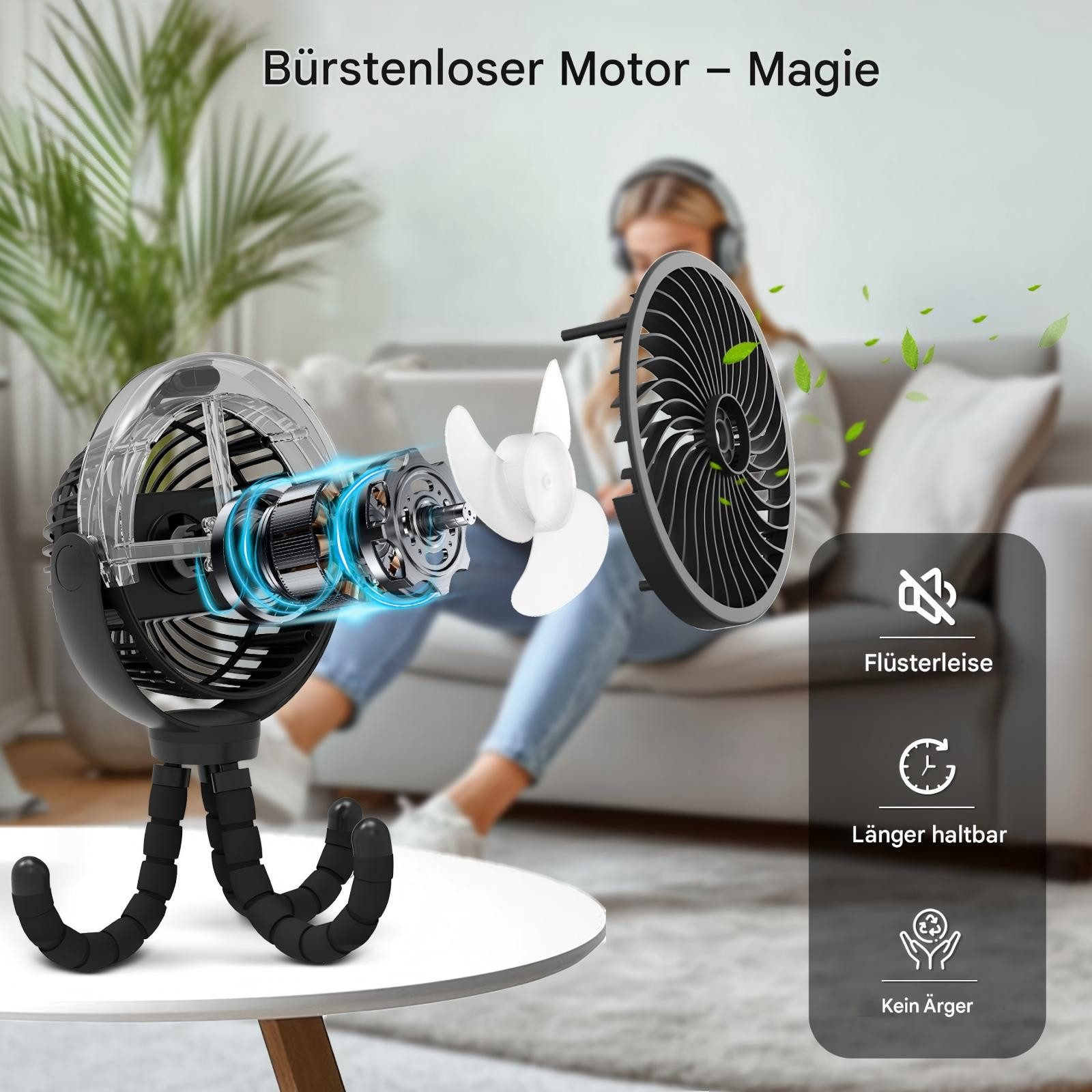ATEROLL Tischventilator Mini-USB-Ventilator mit Oktopus-Basis,mit Nebel,einstellbarem Licht, 3 Geschwindigkeiten,leise Geeignet für Handheld/Desktop/Autositz