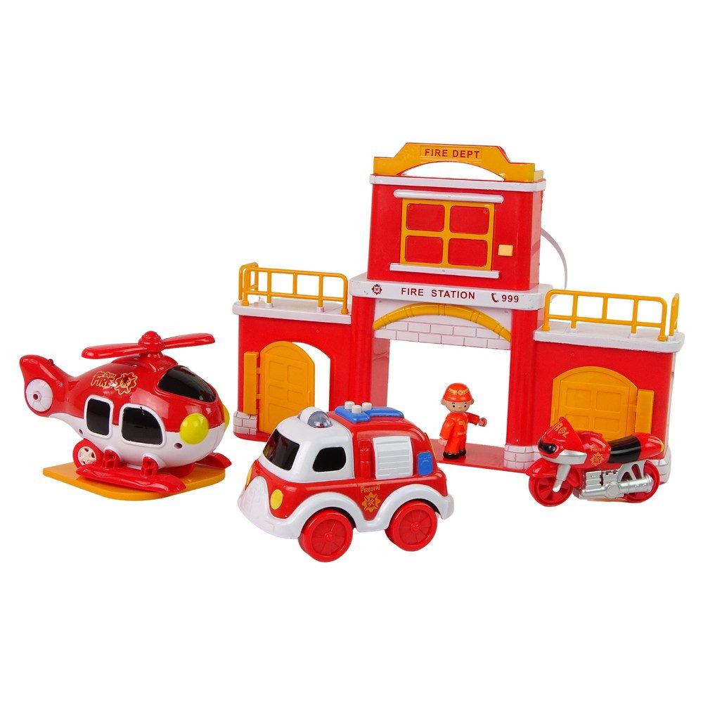 LEAN TOYS Spiel-Feuerwehrwache Feuerwehrstation Rettungsspielset Einsatzzentrale (Spar-Set, 1-tlg., 38 x 30 x 7 cm bespielbar), Sirenengeräusch, großes Tor, 3 Fahrzeuge, Spielfigur