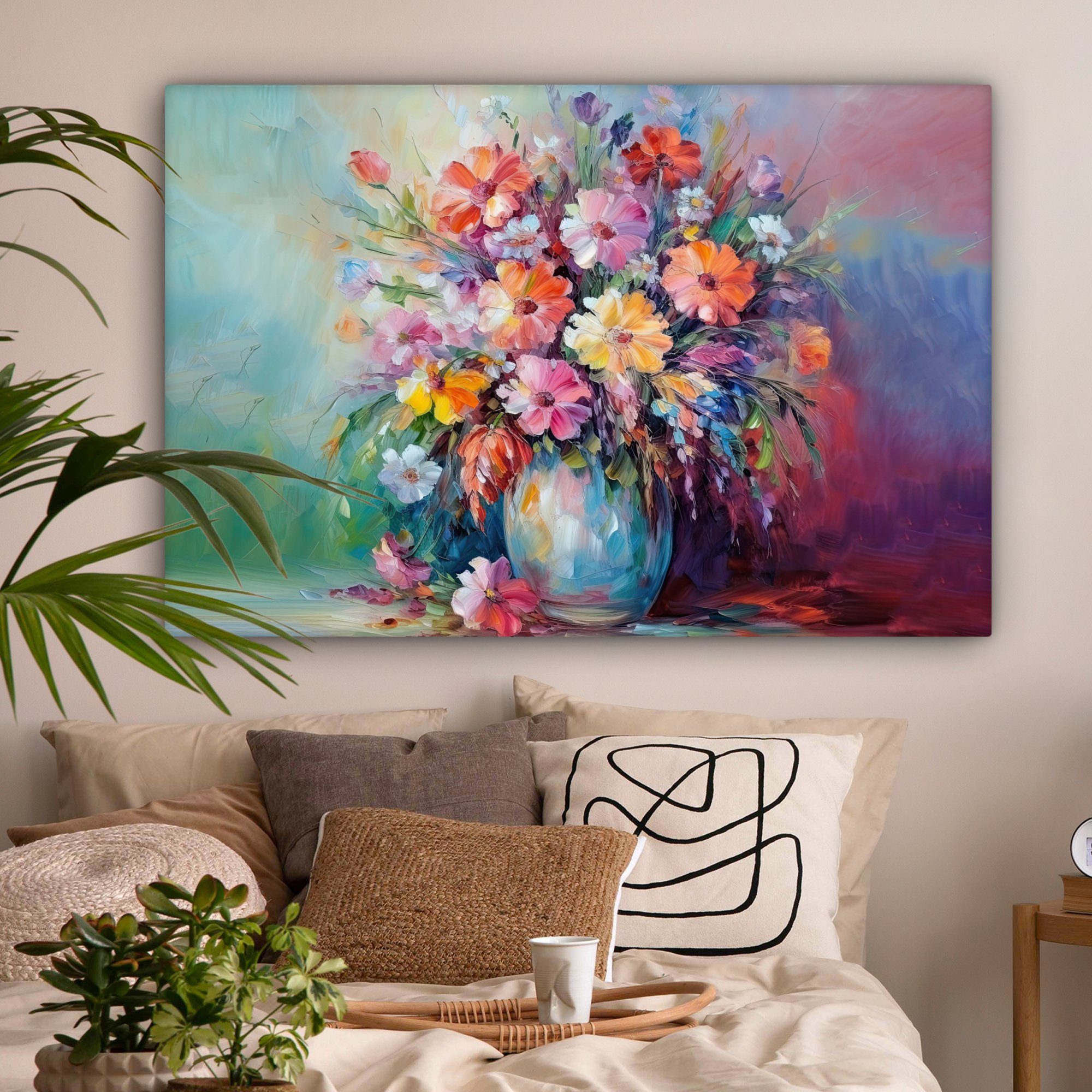 Kunst für Gemälde, Wohnbereiche, Wandbild Blumen Leinwandbild Blumenstrauß, großes, XXL, alle Frühling 120x80 - (1 - OneMillionCanvasses® Malerei - St), cm -