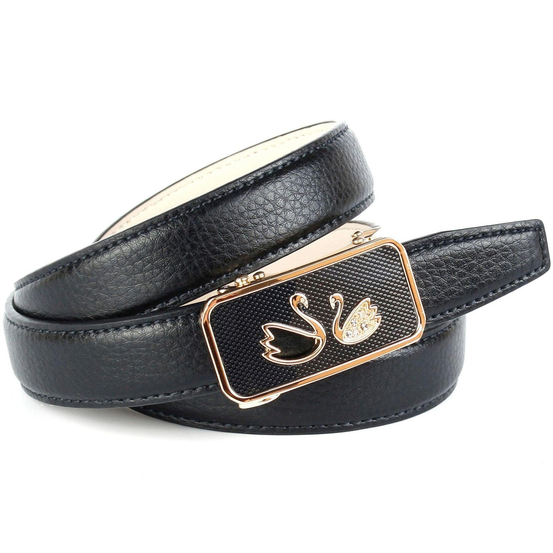 Anthoni Crown Ledergürtel in schwarz mit Automatik-Schließe, zwei Schwäne | Anzuggürtel