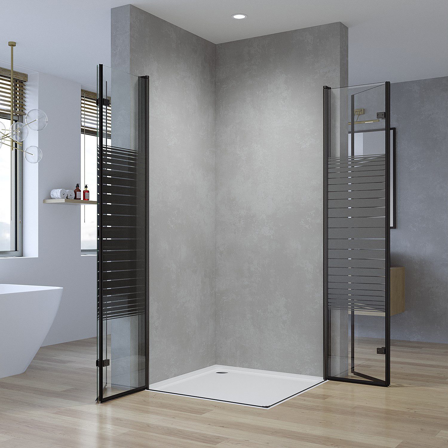 AQUALAVOS Eckdusche Duschkabine Ecke Schwarz mit Pendeltüren Klappbar Streifendekor Dusche, BxT: 70x70 cm, 5 mm ESG-Sicherheitsglas, Modernes Loft-Design 15 mm großer Verstellbereich Heb-/Senk-Funktion