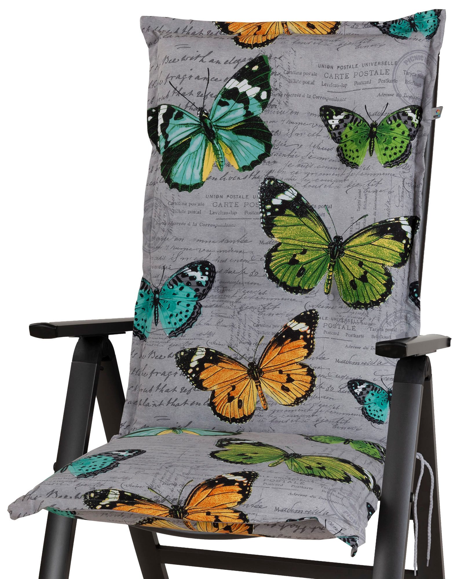 KETTtex Hochlehnerauflage Hochlehner Bali 2467 hellgrau Schmetterlinge 120x50x8 cm KETTtex, (1 St), Halteband verstellbar mit Bindebändern