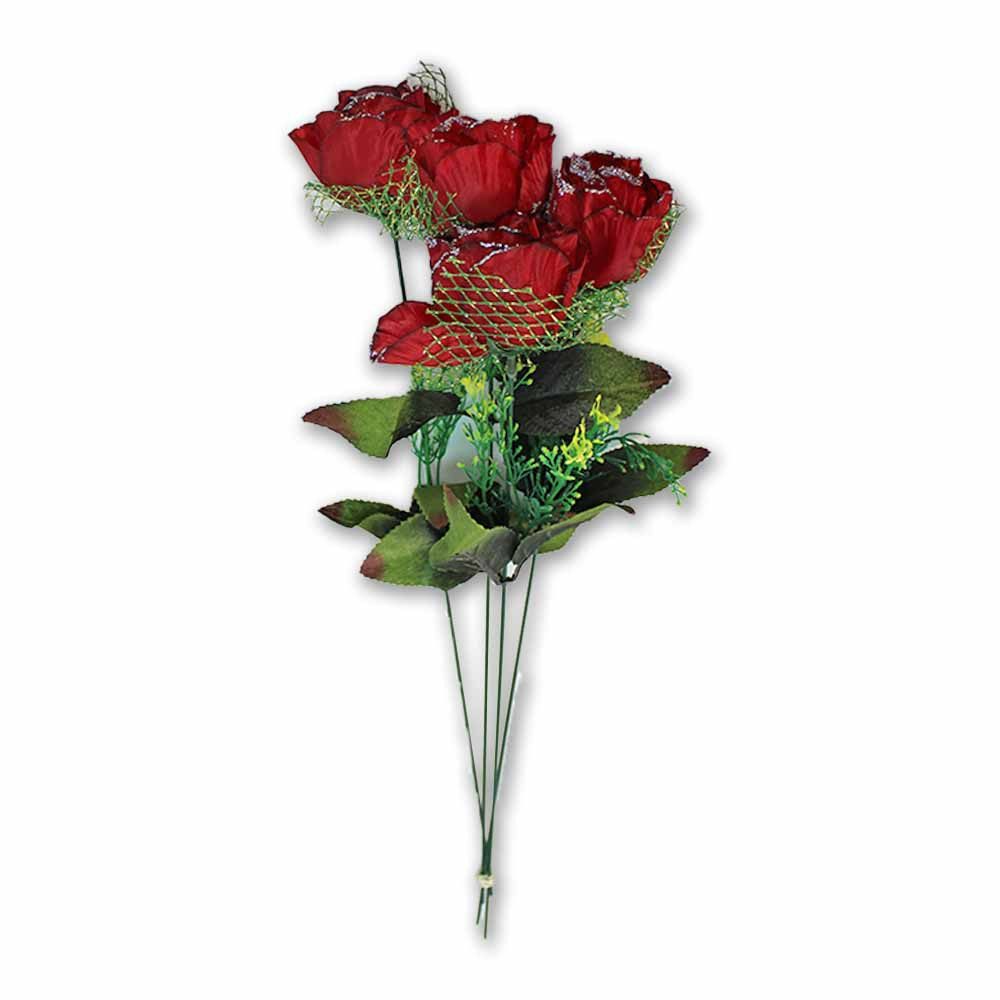Kunstblume 4 Stück Rose Plastik dunkelrot mit Glitzer und Grünschmuck - ca. 51 cm, BEMIRO