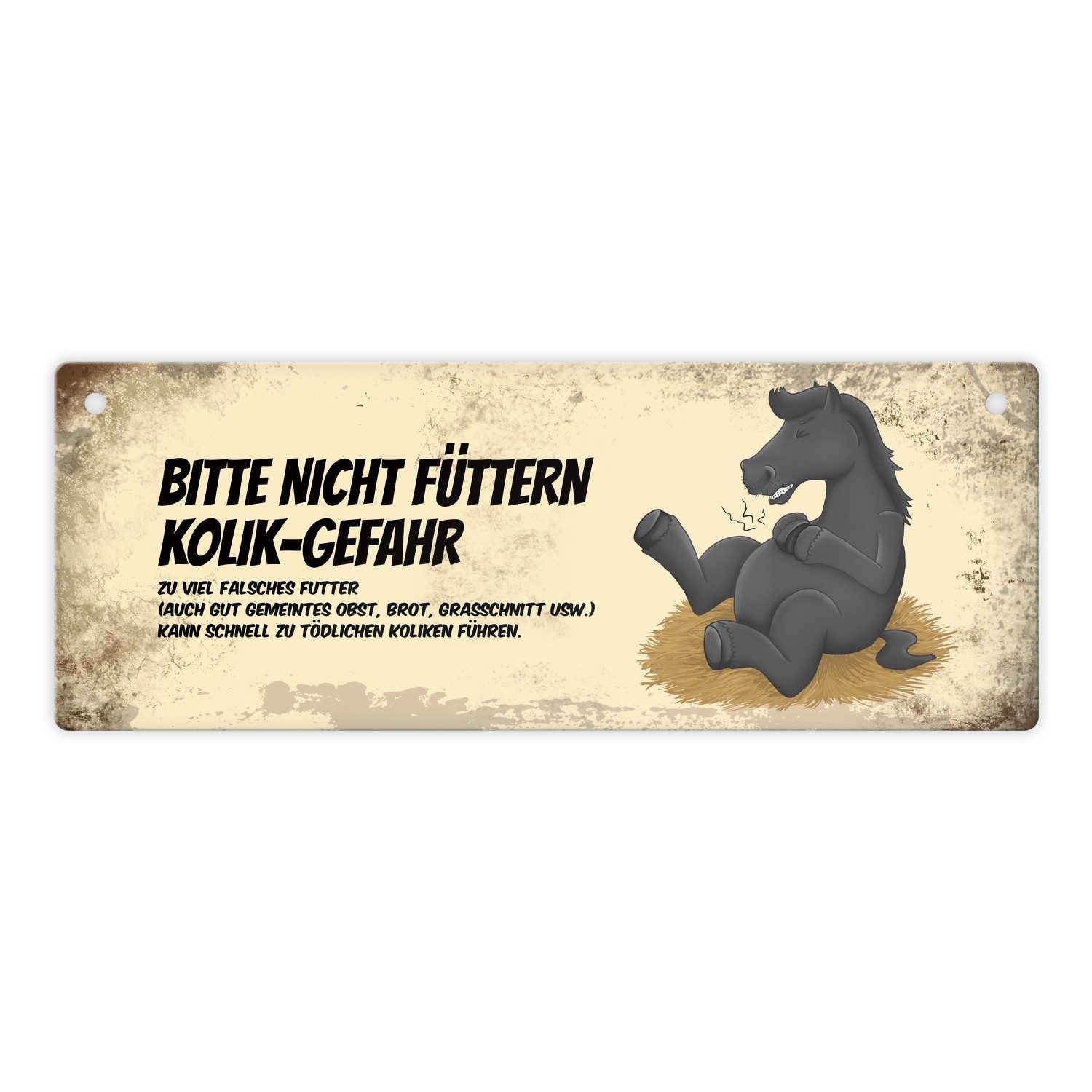 Metallschild Metallschild mit schwarzem Pferd Motiv und Spruch: Bitte nicht Kolik
