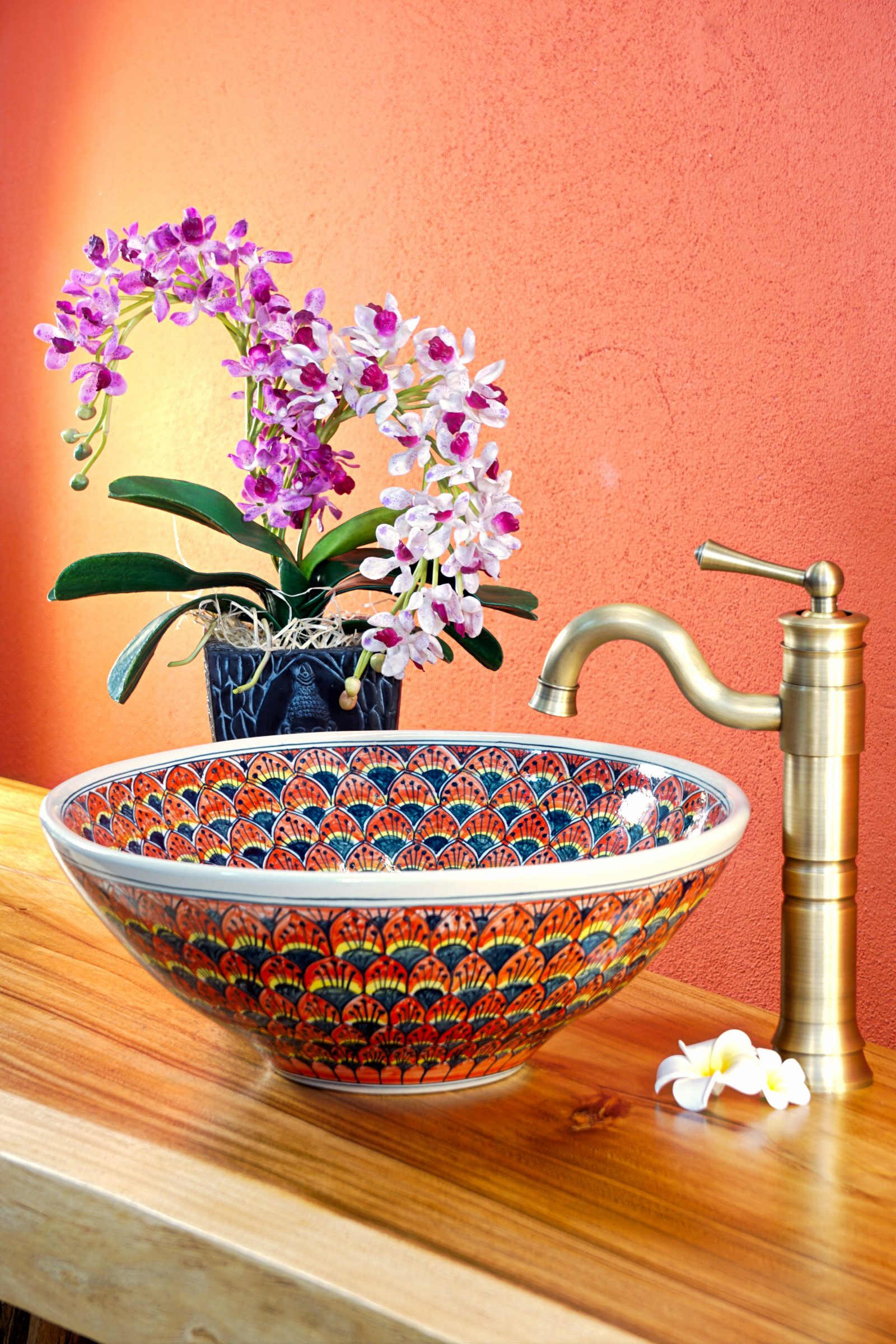 Kinaree Aufsatzwaschbecken Keramik Раковины SUKHUMVIT, Keramik, Handbemalt, Rund, Pfauenmuster, Federn