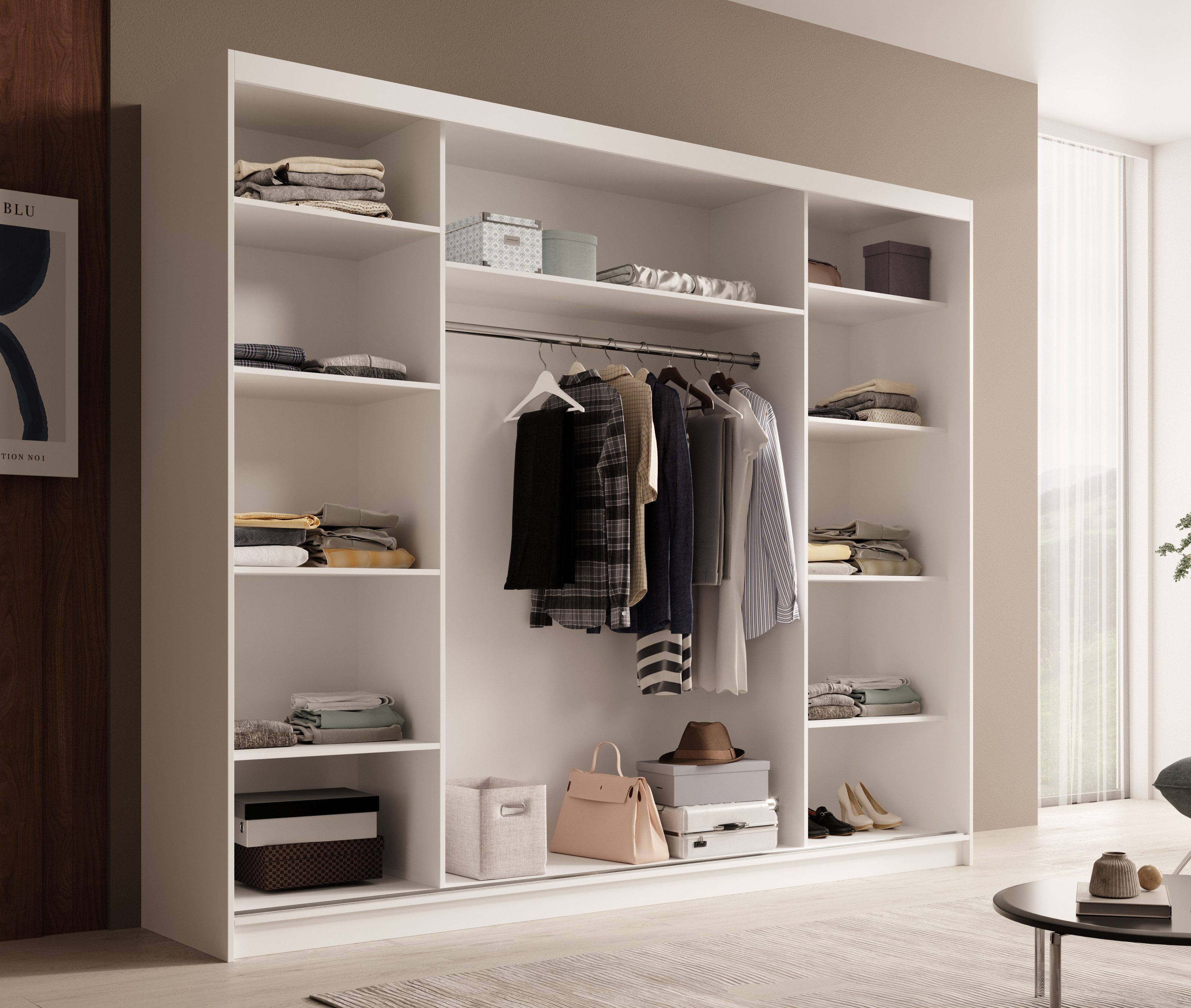 MOEBLO Schiebetürenschrank Tivora 250 (Moderner, platzsparender Kleiderschrank mit Spiegel für Schlafzimmer und Ankleidezimmer, 3 Schiebetüren, 11 Einlegeböden, stabile Kleiderstange, Wohnzimmerschrank mit Spiegel, Schwebetürenschrank Schrank Garderobe Schiebtüren Schlafzimmer) (BxHxT): 250x215x58 cm