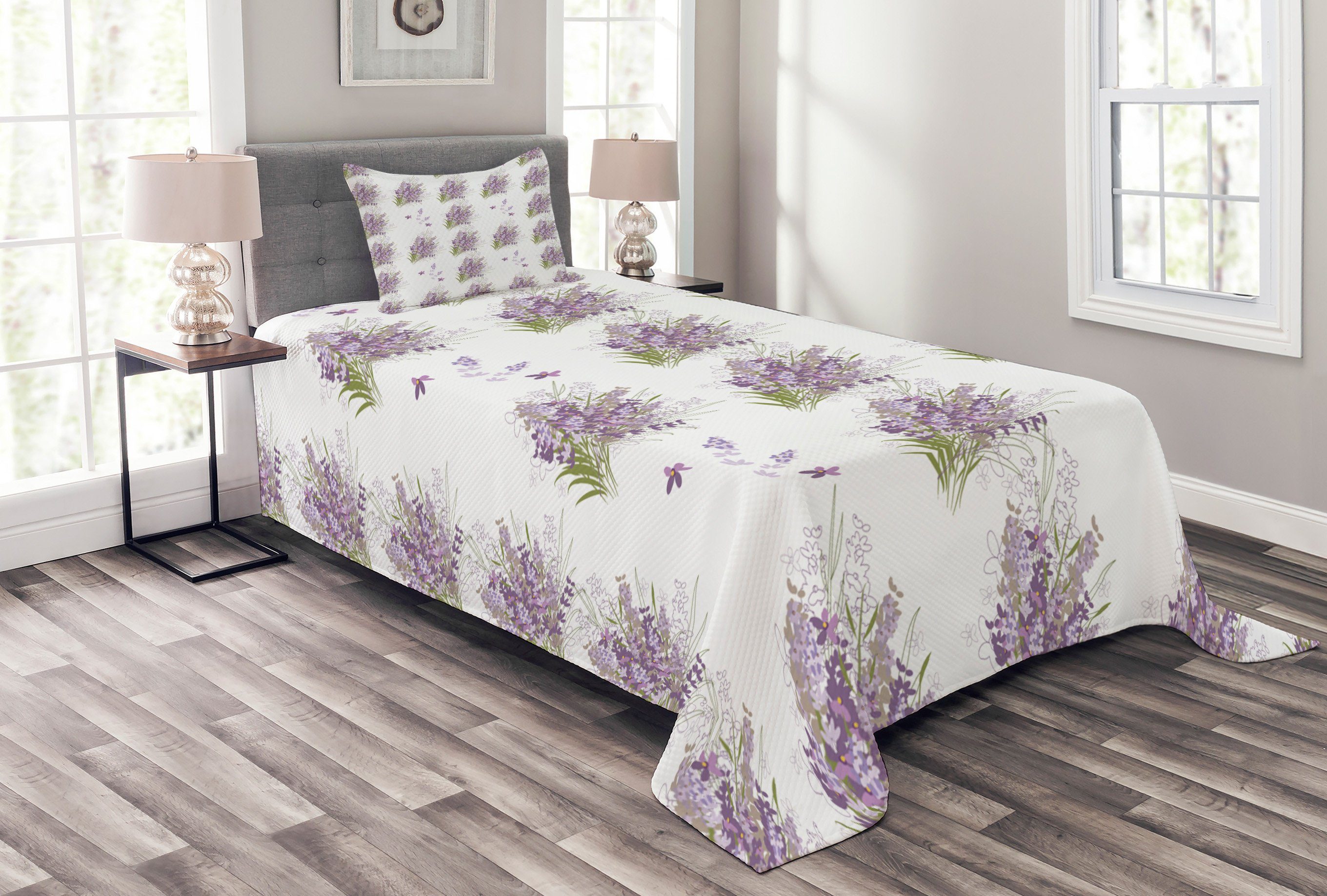 Tagesdecke Set mit Kissenbezügen Waschbar, Abakuhaus, Violett Lavendel-Flieder-Blumen-Entwurf