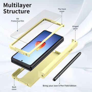 Wigento Handyhülle Für Samsung Galaxy Z Fold4 5G Kunststoff Handy Tasche Hülle Etuis Gelb + Folie + Stift