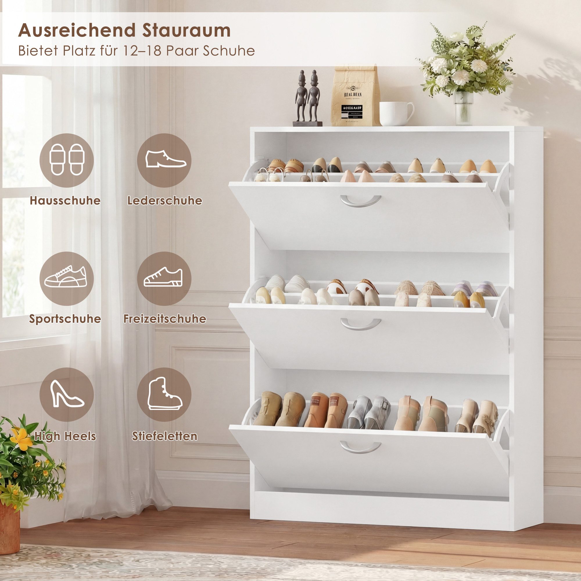 Homfa Schuhschrank mit 2/3 Klappen Schuhregal (1-St) Schuhkipper weiß 2 Türen/3Türen 80/100 x 80 x 23.5cm – Bild 4 von 5