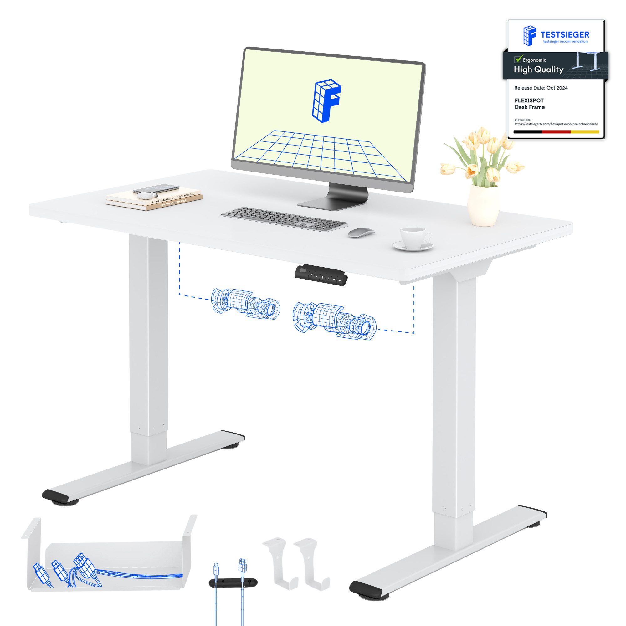 FLEXISPOT Schreibtisch Basic Plus höhenverstellbarer Schreibtisch mit Premium-Zubehör-Set (2 Motore & 2-Fach-Teleskop & 4 Höhenspeichertasten), MIT 25MM einteiliger Tischplatte, 120/140/160/180