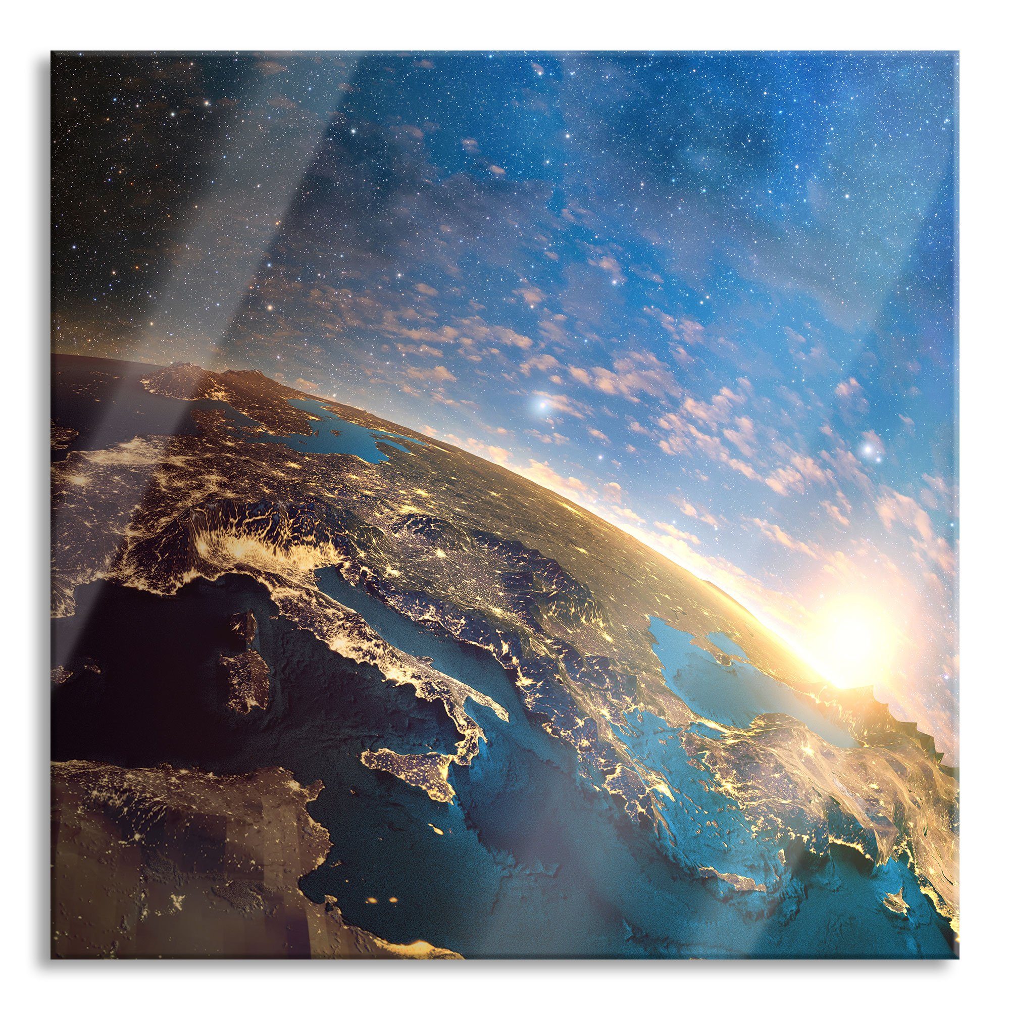 Abstandshalter im (1 aus Echtglas, Erde Erde inkl. Glasbild Aufhängungen Weltall, Glasbild Pixxprint St), Weltall im und