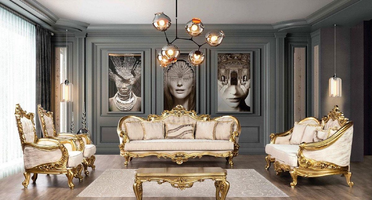 Wohnzimmer Sofa Cremefarben mit & Barock Wohnzimmer Luxus Muster Barock - Padrino Sofa Gold / Sofa Casa Edel - Möbel Prunkvolles Prunkvoll -