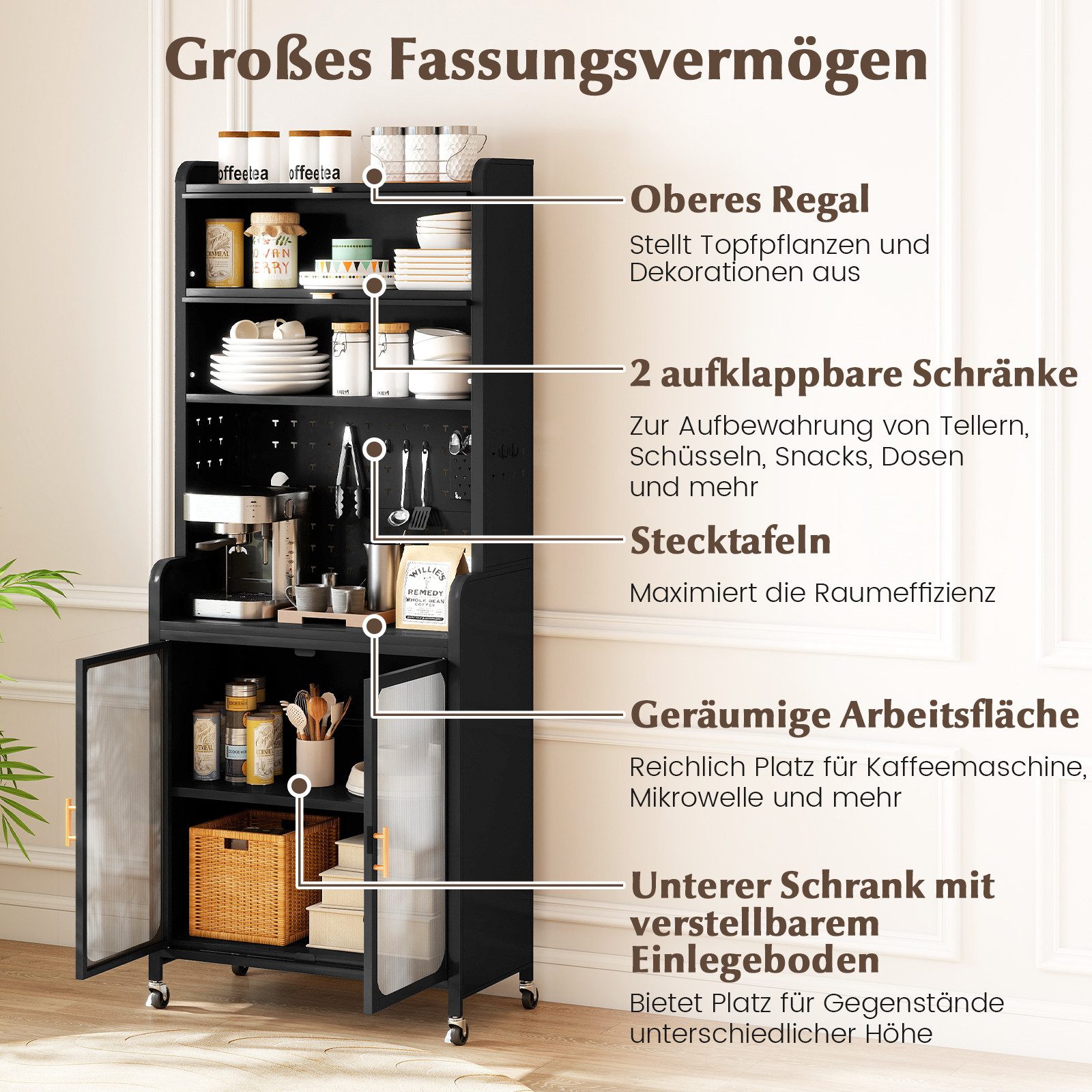 COSTWAY Küchenbuffet Küchenschrank mit Rollen, Arbeitsplatte, Lochwand 192cm
