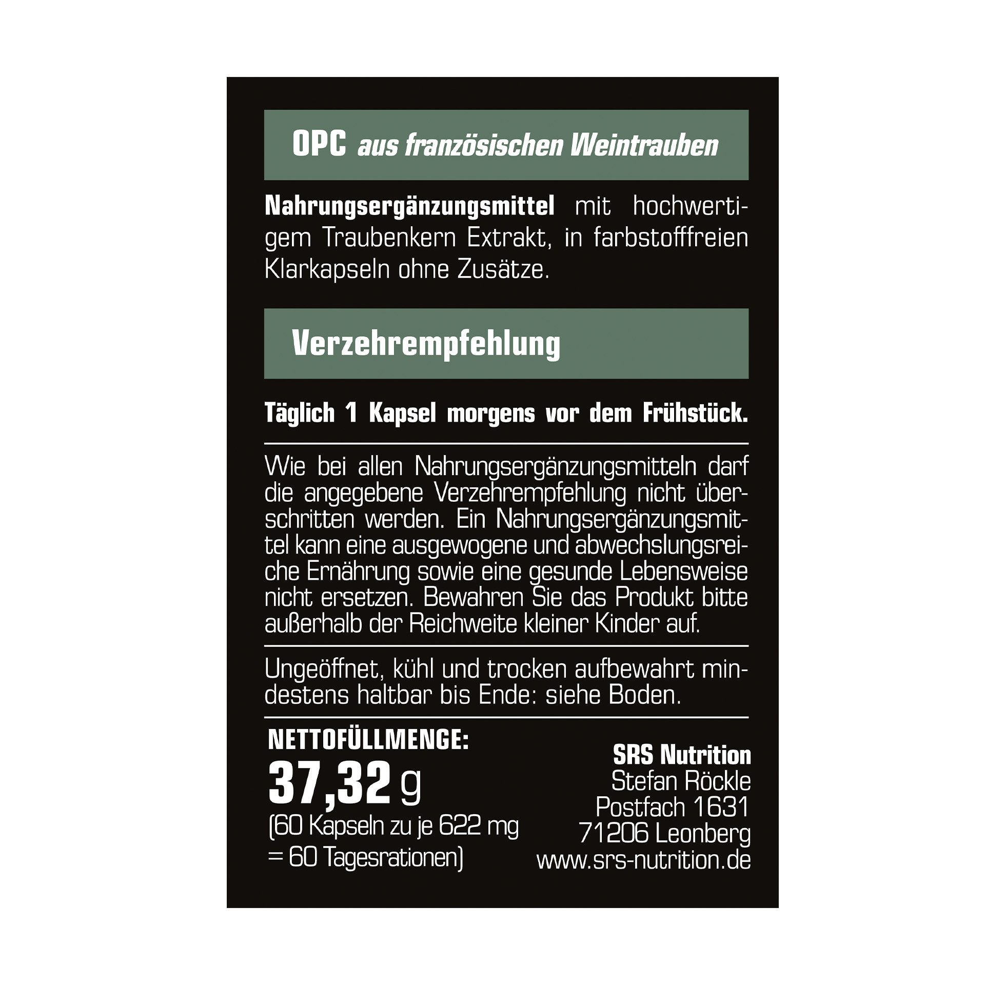 SRS NUTRITION SRS Nutrition OPC 60 Kapseln Traubenkernextrakt Kapseln, 37,32 g