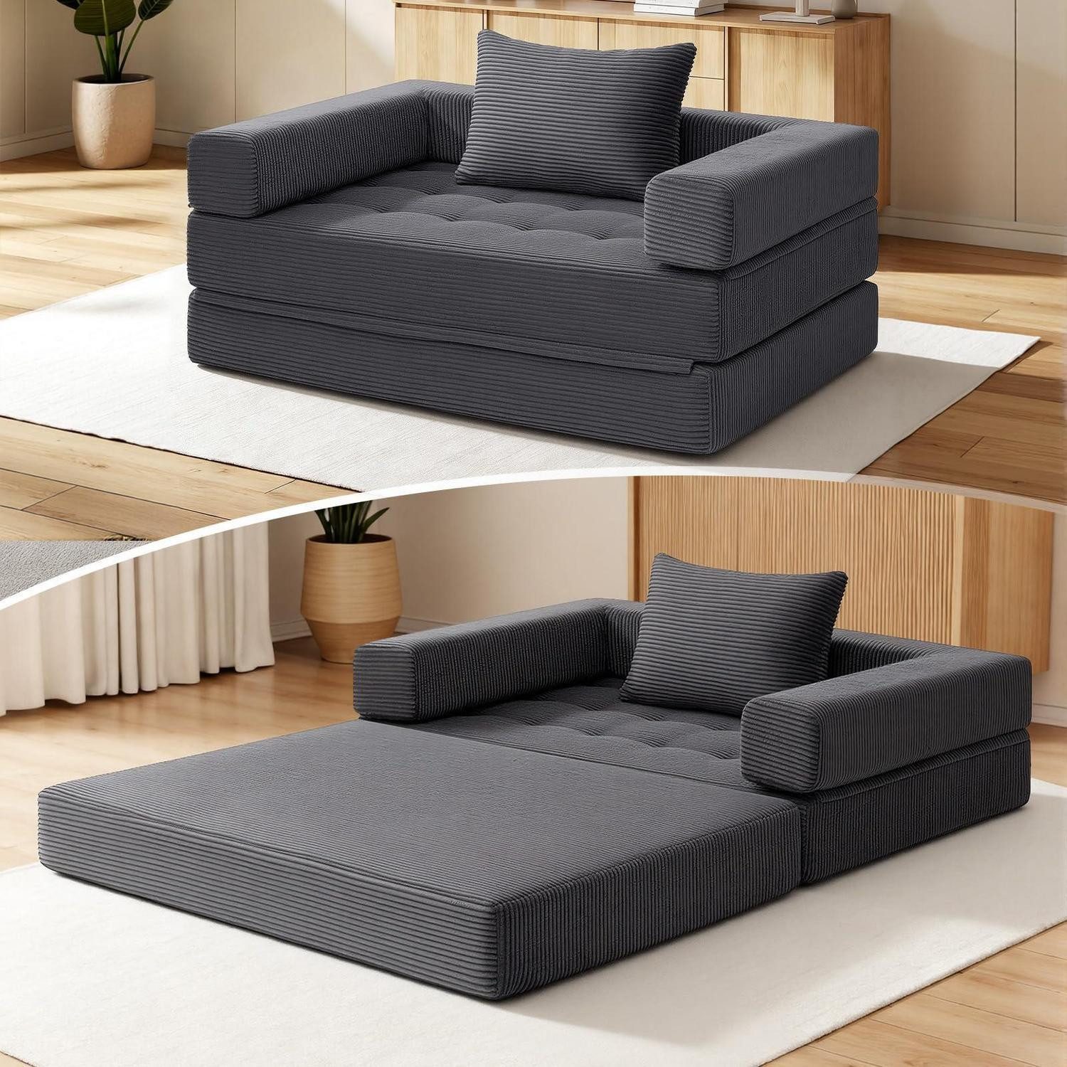 LuxusKollektion Schlafsofa Schlafsofa 5in1 Bett Schlafsessel Bodensofa Gästebett 128 x 90 cm Grau, Schlaf Couch