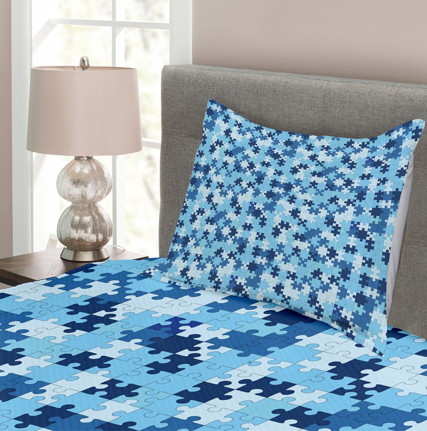 Monotone Tagesdecke Stil Puzzle-Muster Blau Kissenbezügen Set mit Abakuhaus, Waschbar,
