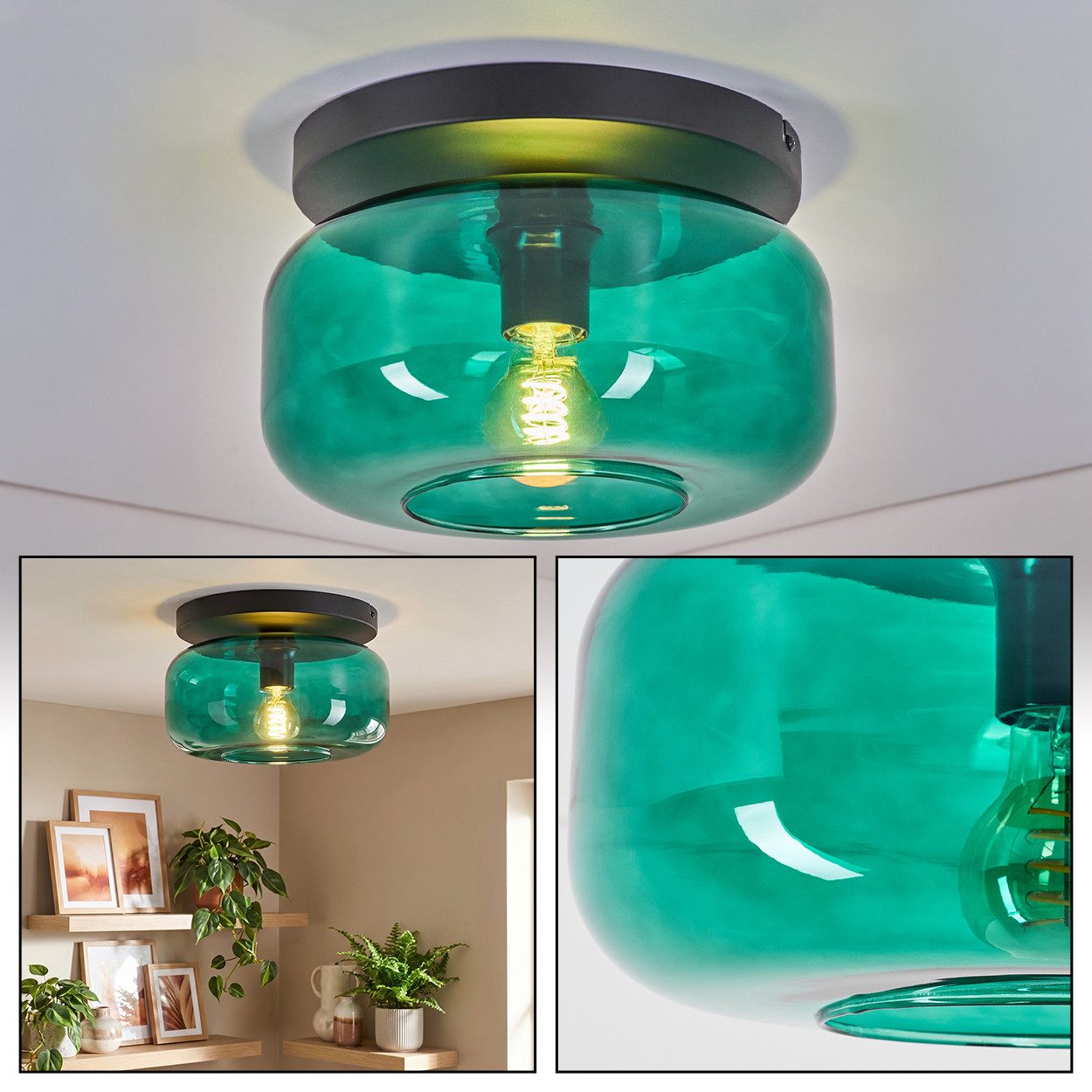hofstein Deckenleuchte Deckenlampe aus Metall/Glas in Schwarz/Dunkelgrün, moderne Deckenleuchte im Retro/Vintage-Design, Ø 28 cm, E27