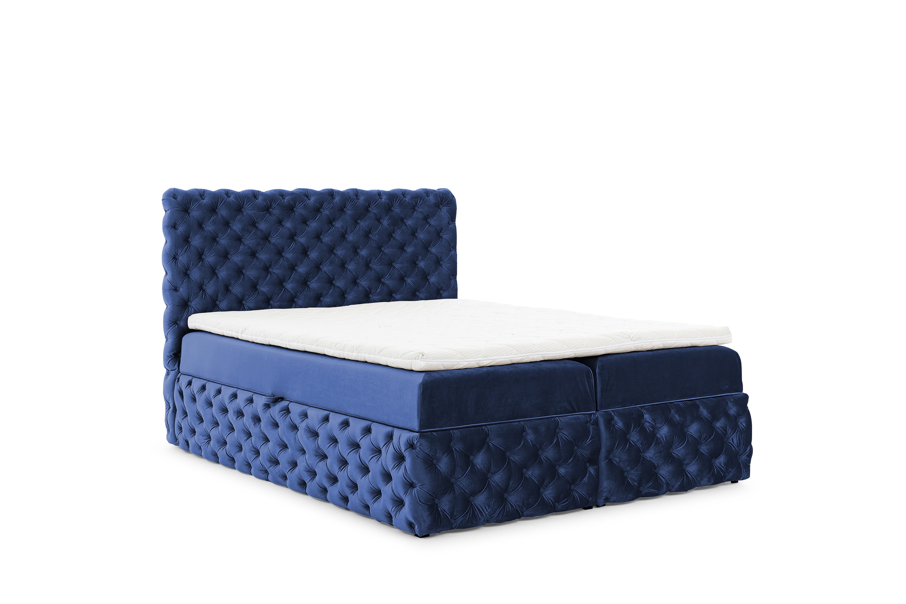 Home Collective Boxspringbett Polsterbett Doppelbett Bett mit Stauraum und Topper (mit Taschenfederkern-Matratze & leichtgängiger Federmechanik), robuster Velours-Stoff, edles Design mit Knopfsteppung Marineblau