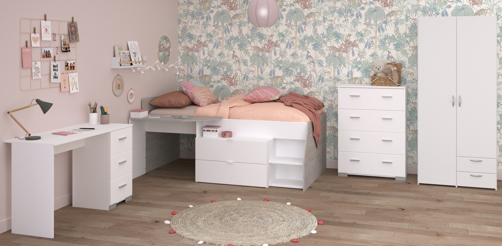 Parisot Jugendzimmer-Set Milky, (Komplett-Set Weiß mit Grau, 4-tlg., Bett, Kommode, Schreibtisch und Kleiderschrank), inklusive Stauraumbett