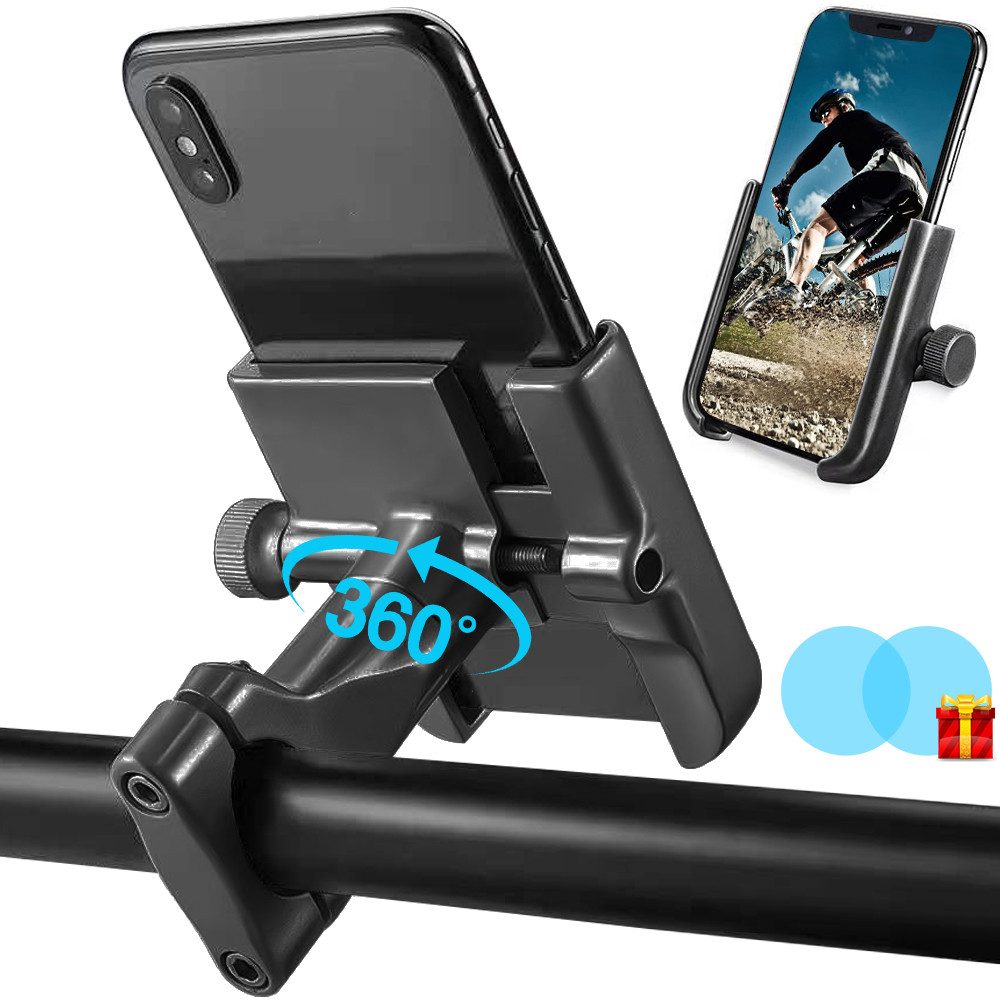 MOPUEA Handy-Halterung 360° drehbarer Handyhalter Smartphone-Halterung aus Aluminium, (bis 6,8 Zoll, Motorradhalterung für Motorrad, Fahrrad und E-Scooter, 1-tlg., mit 2 Regenschutzfolien für Motorradspiegel (rund), stabil, rutschfest und einfach zu insta