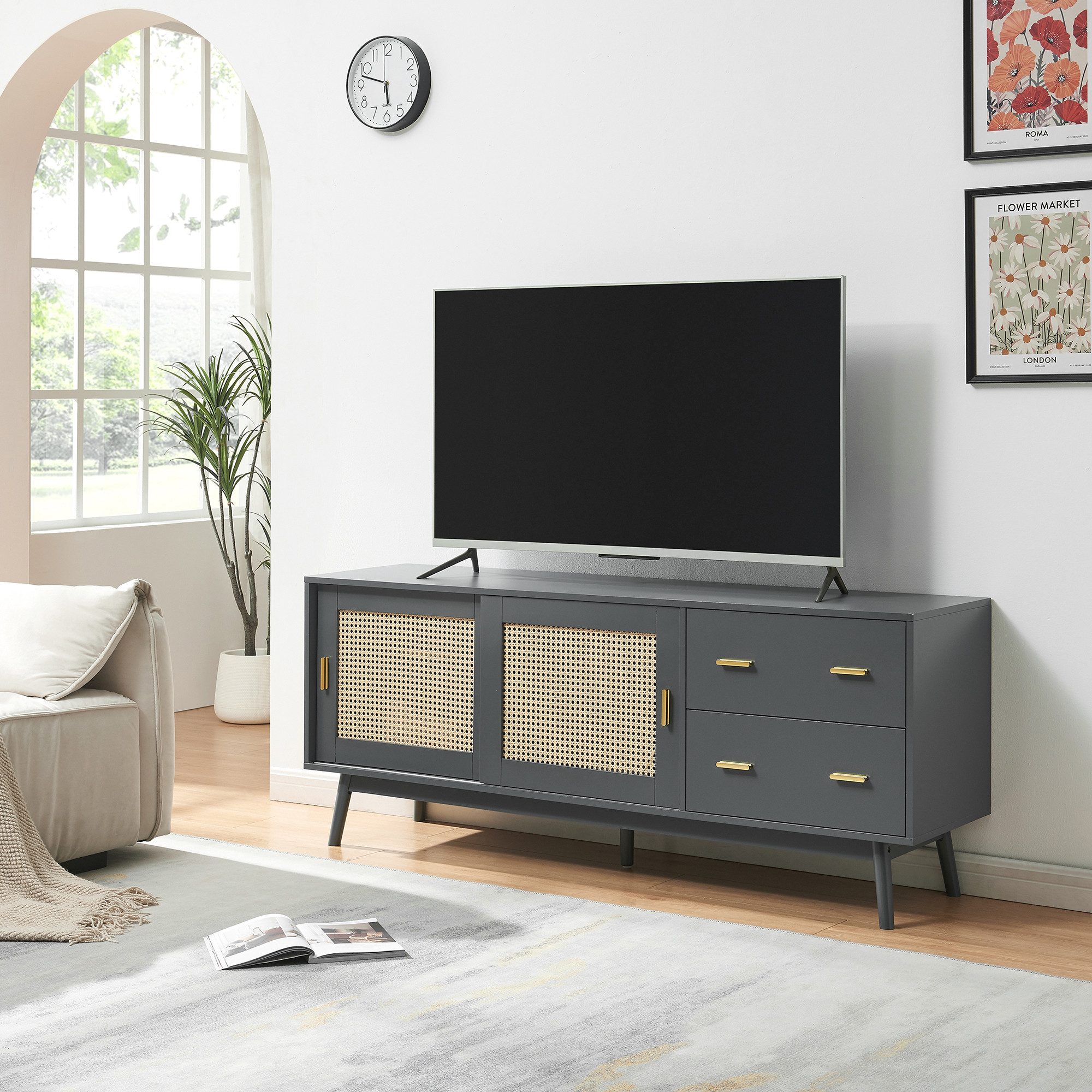 en.casa TV-Schrank »Susa« 160x40x65 cm mit Polyrattan-Front Grau