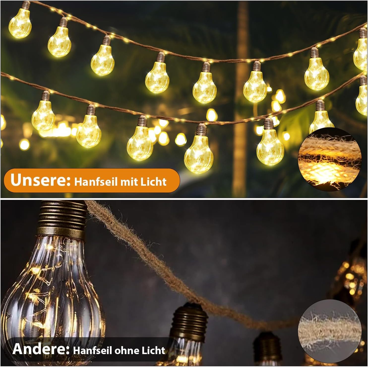 Salcar LED Solarleuchte Solar Lichterkette Warmweiß Hanfseil Glühbirnen Vintage Garten, LED, 5m Lichterkette + 3m Zuleitung, 10 Glühbirnen mit 149 LED – Bild 4 von 5