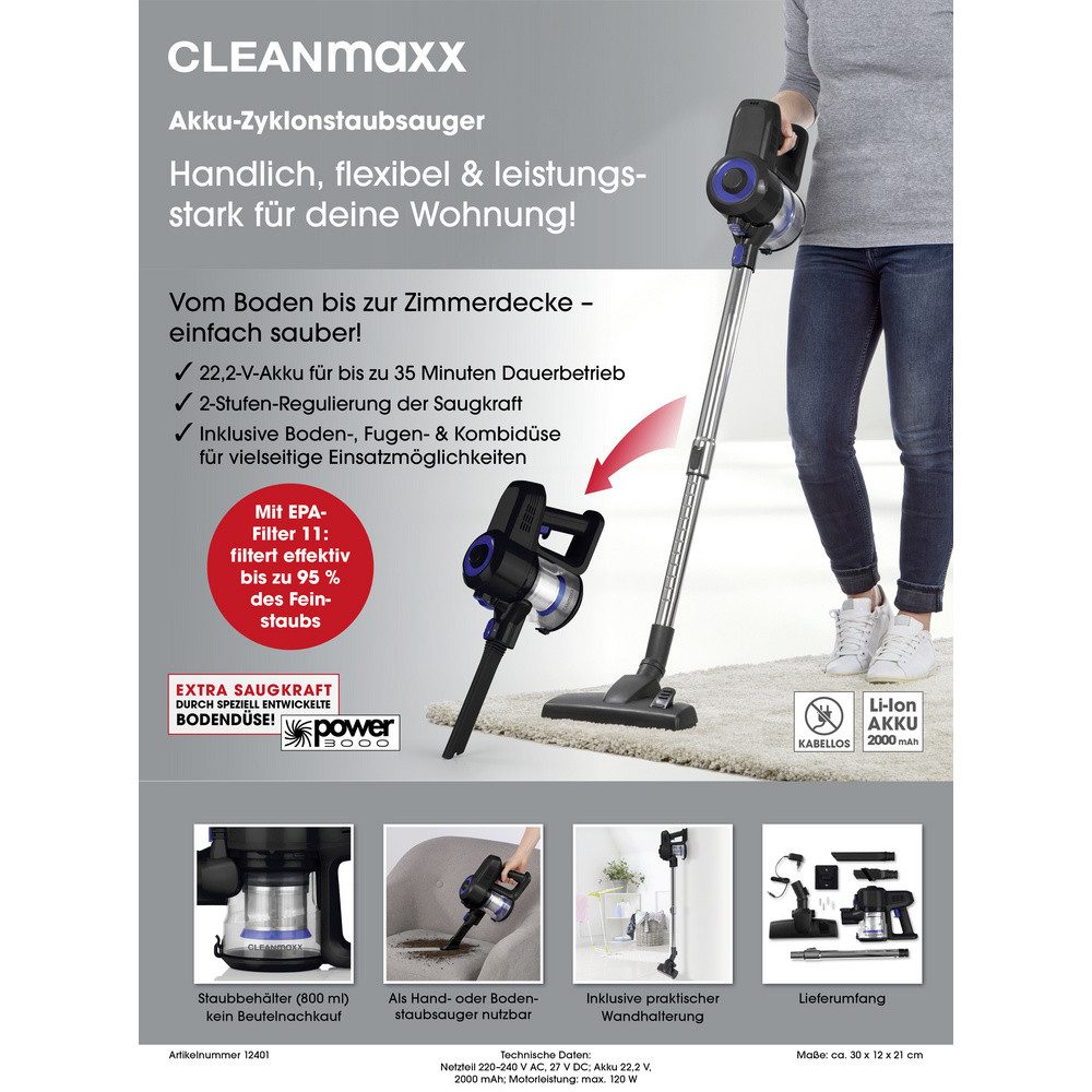 CLEANmaxx Handstaubsauger CleanMaxx 10000008078 Zyklon-Handstaubsauger 22.2 V Beutellos, 120.00 W