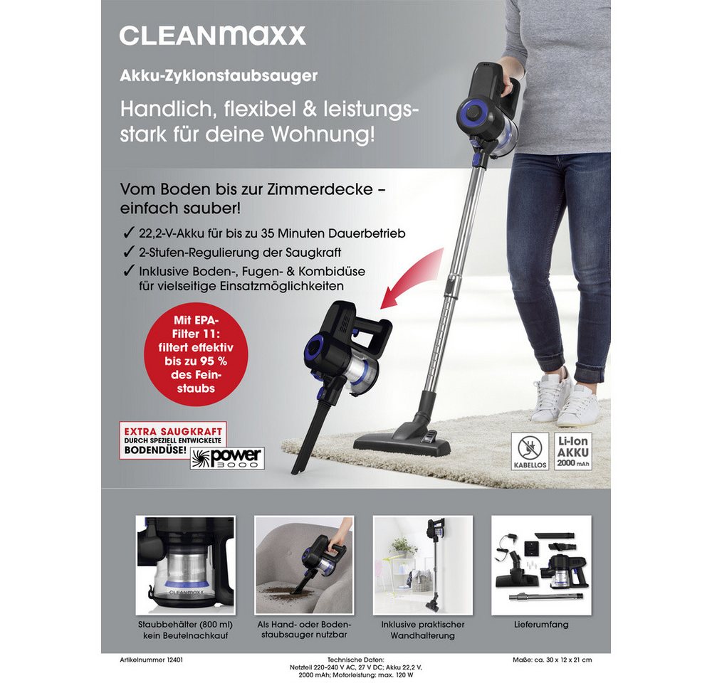CLEANmaxx Handstaubsauger CleanMaxx 10000008078 Zyklon-Handstaubsauger 22.2 V Beutellos, 120.00 W