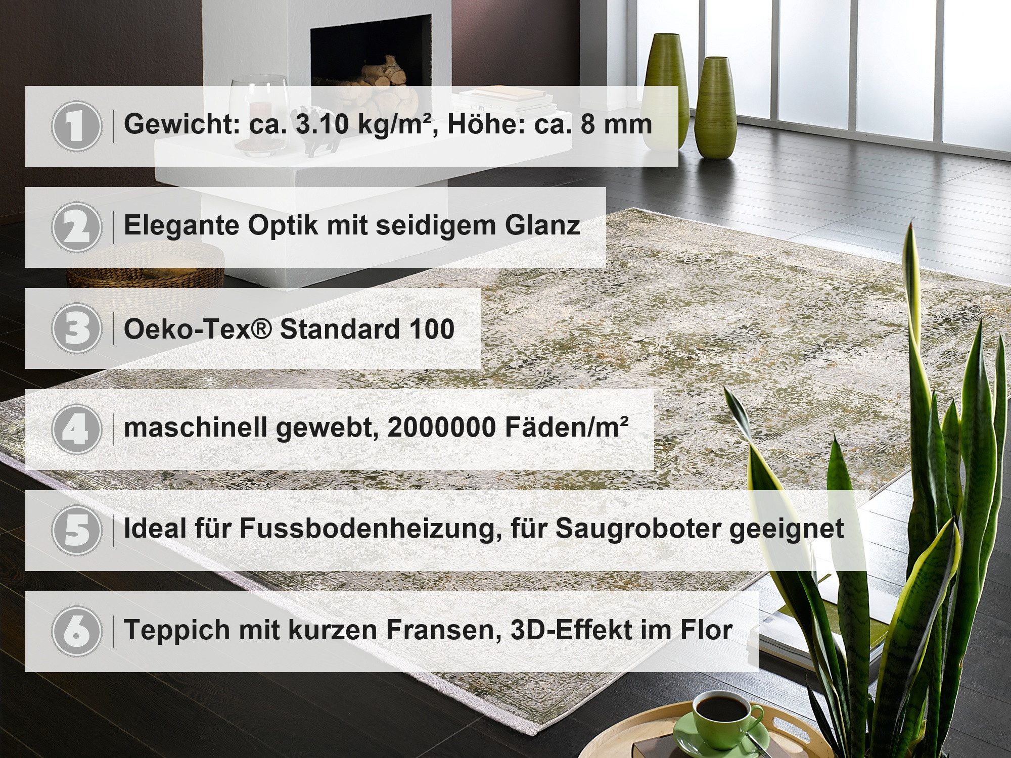 OCI DIE TEPPICHMARKE Teppich BESTELLER CAVA, rechteckig, Höhe: 8 mm, Glanz Viskose, mit Fransen, Hoch Tief Struktur, Vintage, Wohnzimmer