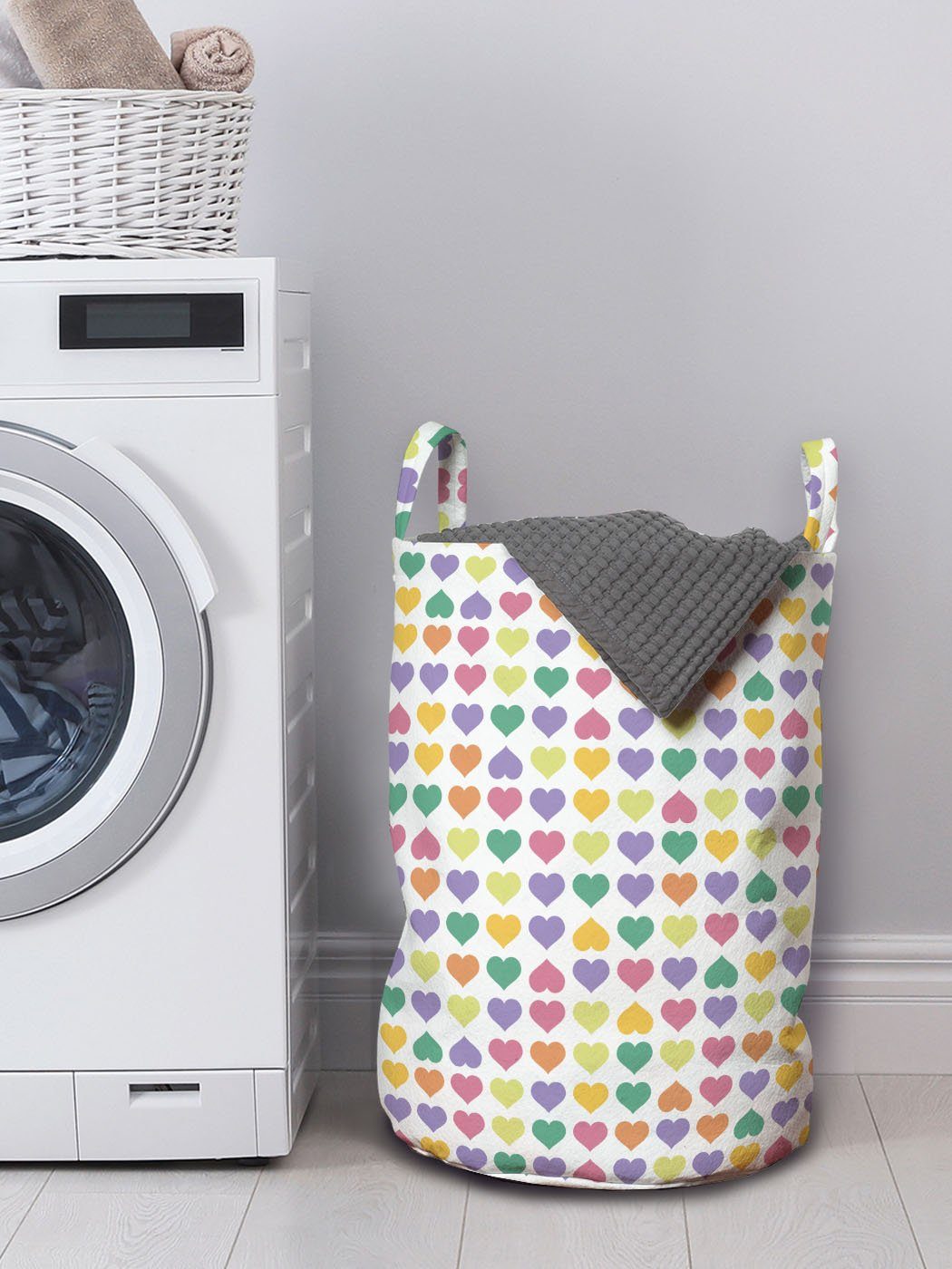 Wäschekorb Griffen für Wäschesäckchen Waschsalons, Kordelzugverschluss Retro-Stil mit Abakuhaus Valentinstag Herzen